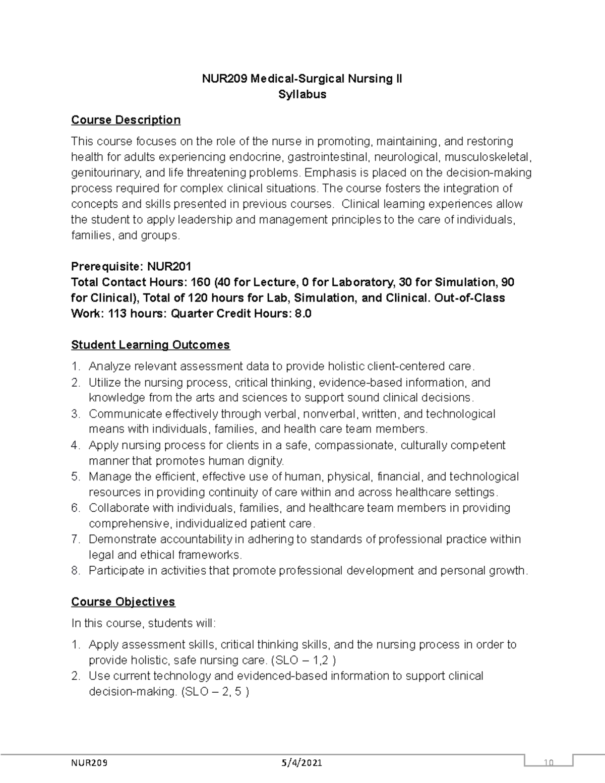 NUR209 MedicalSurgical Nursing II Syllabus Final update with U World