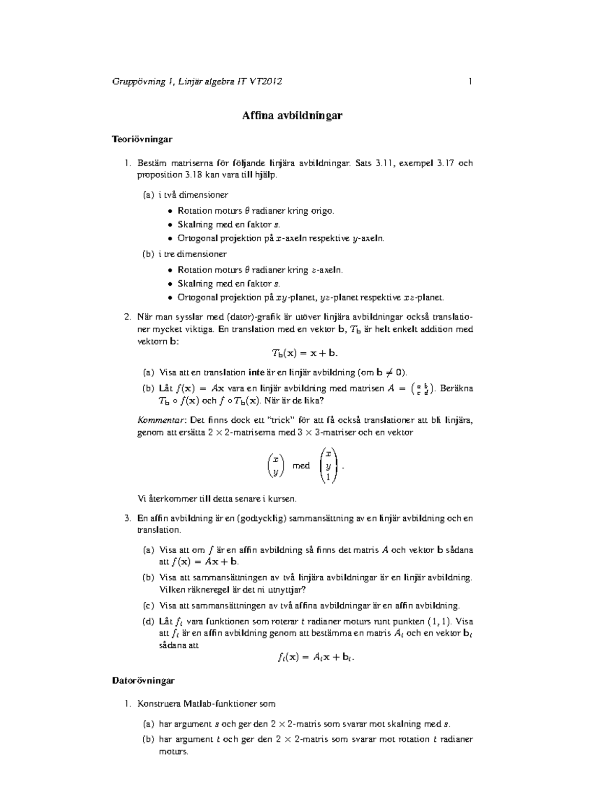 Group Exersice Affina Avbildningar Linjär Algebra - 1, Algebra IT ...