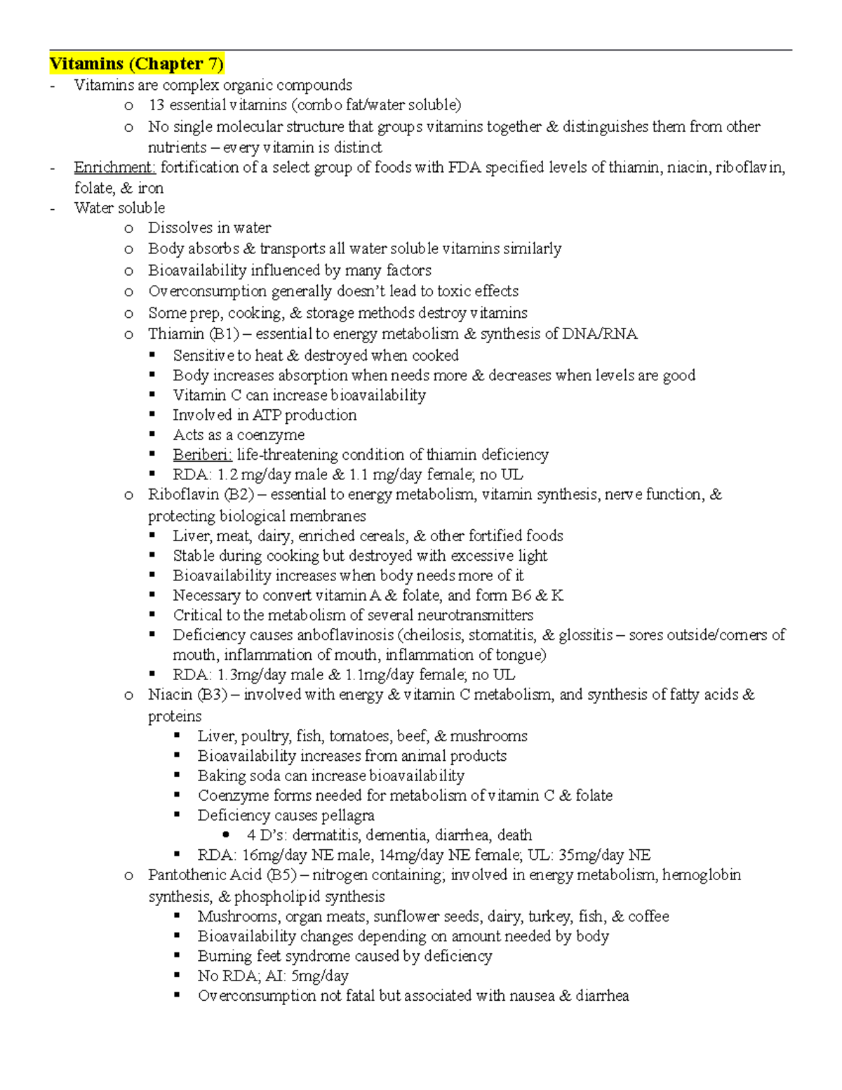 Study Guide Nutrition Vitamins, Minerals, Water, Physical Activity