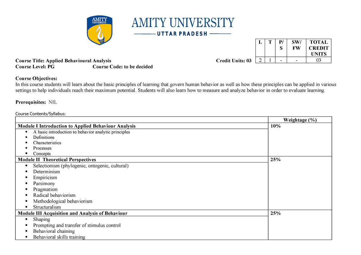 Applied behaviour - Course Title: Applied Behavioural Analysis Credit ...