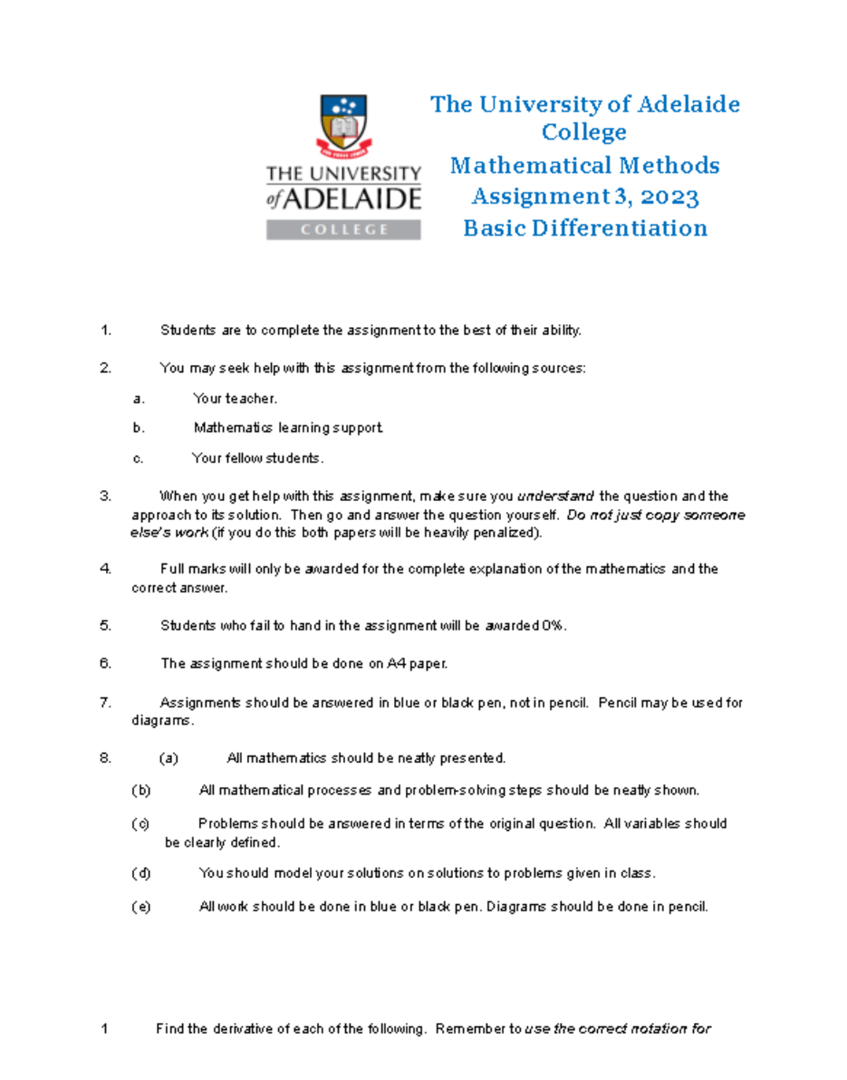 MMAF+23+Assignment+03+-+Basic+Differentiation - The University of ...