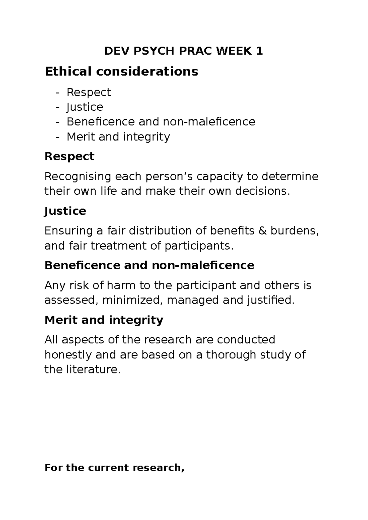 DEV Psych PRAC WEEK 1 - DEV PSYCH PRAC WEEK 1 Ethical considerations ...