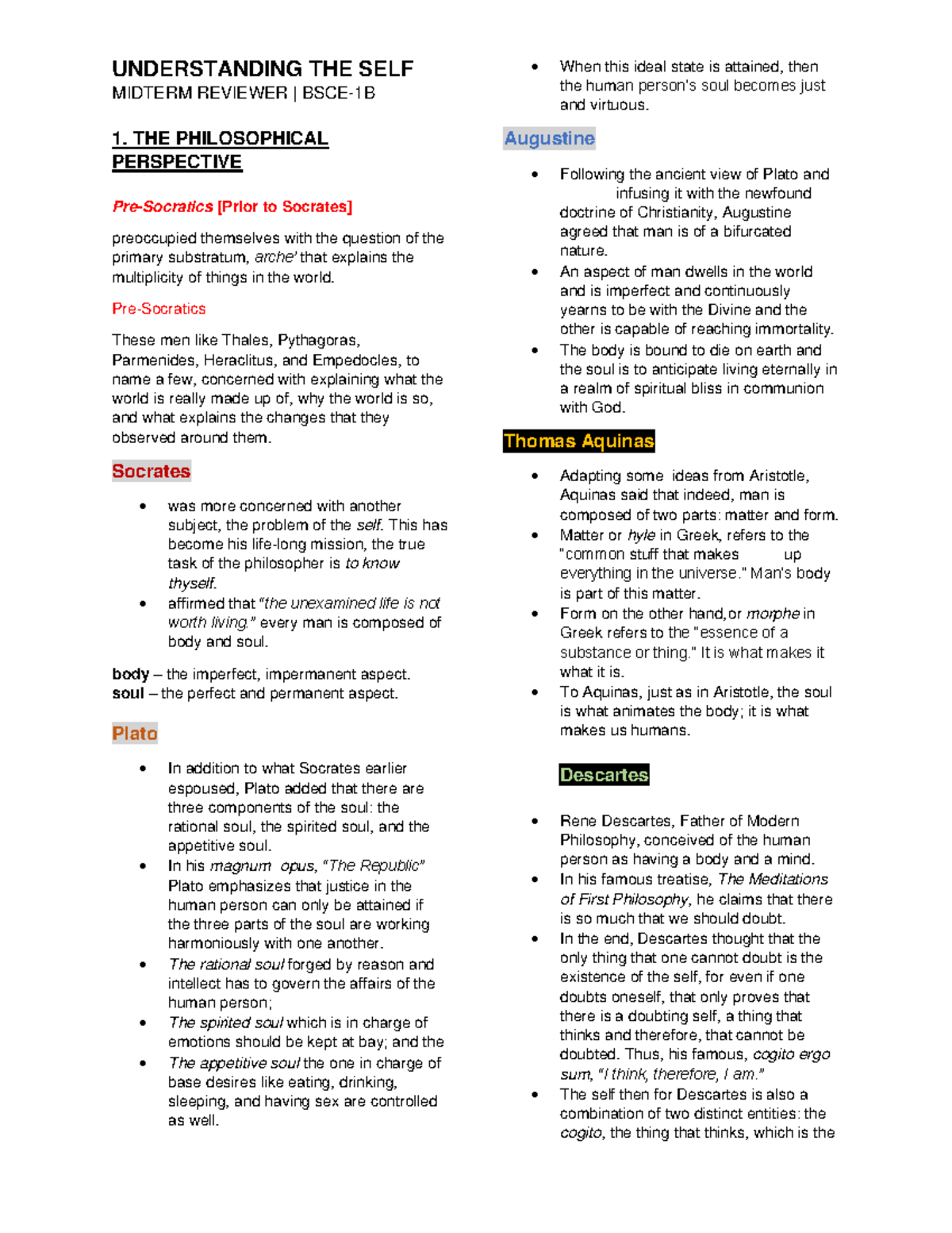 UTS Reviewer Midterm 1st SEM - UNDERSTANDING THE SELF MIDTERM REVIEWER ...