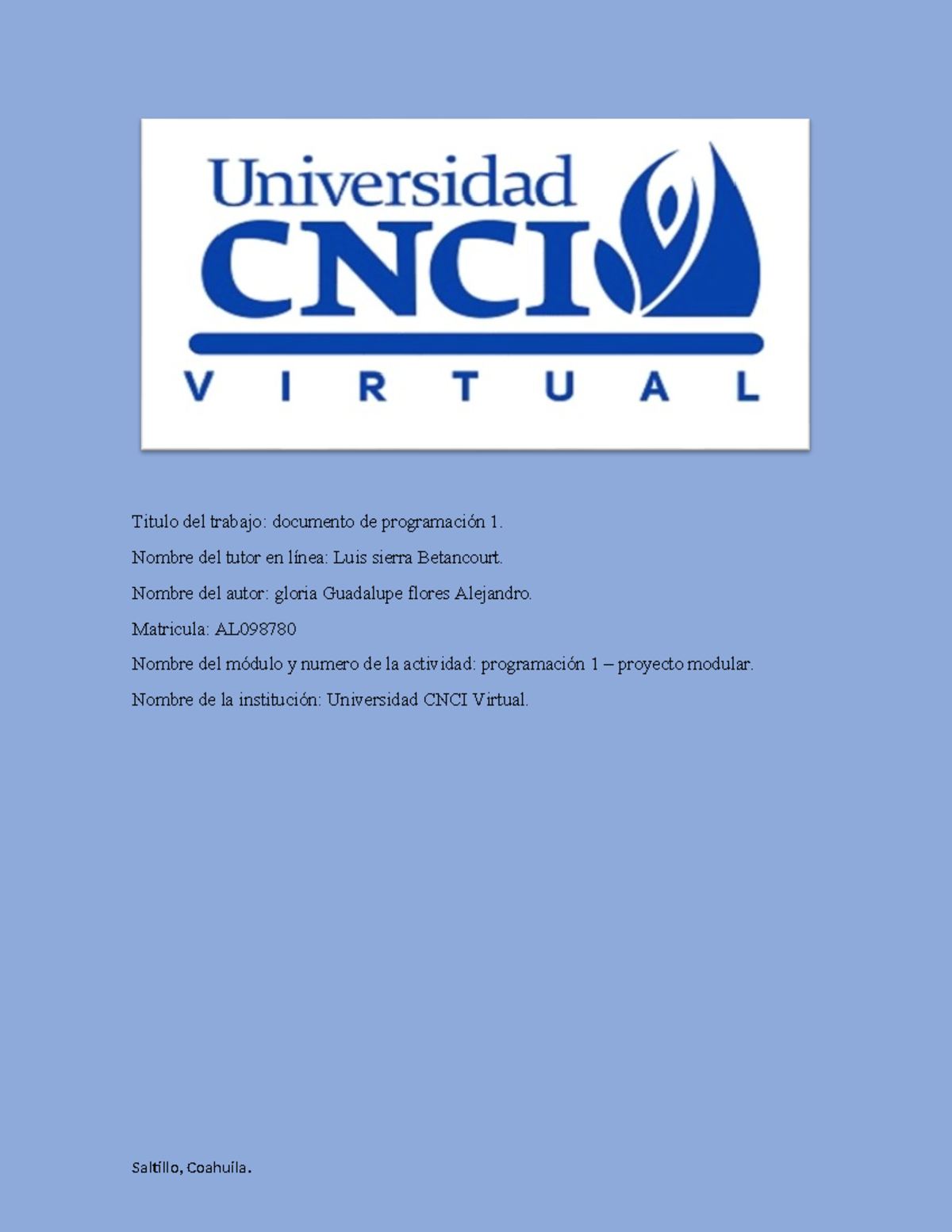 Proyecto modular programacion 1 - Titulo del trabajo: documento de ...