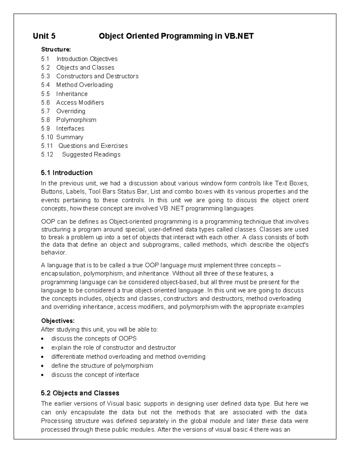 OOPs in VB - introduction To OOP in VB.NET - Unit 5 Object Oriented ...