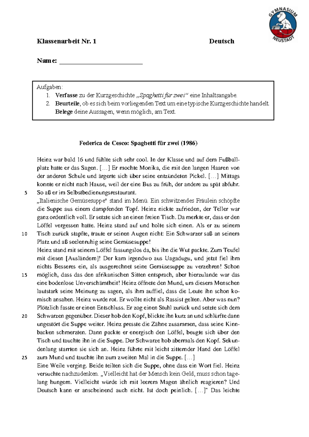 Spaghetti Für Zwei Text Pdf KA Spaghetti für zwei - Klassenarbeit Nr. 1 Deutsch Name