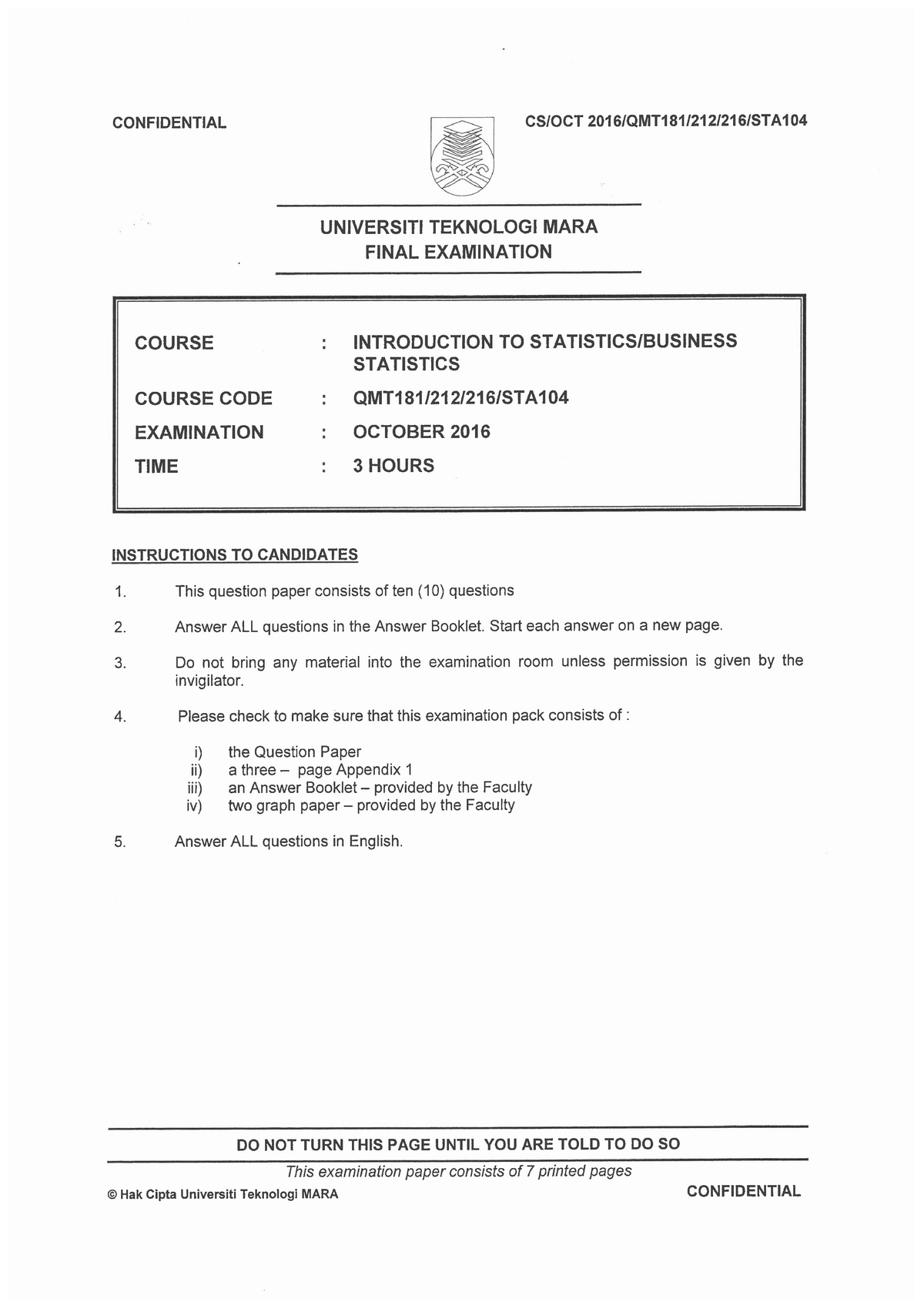 Qmt181 Oct2016 Past Year Question Introduction To Statistics Studocu