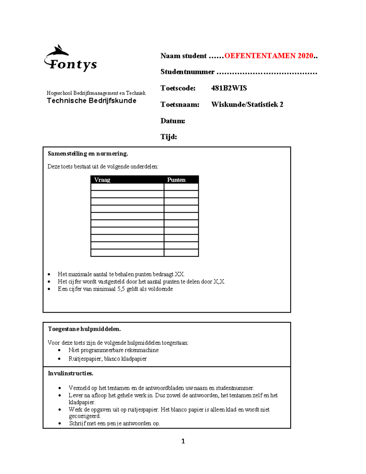 Oefententamen Wiskunde P02 2020 - ####### Hogeschool Bedrijfsmanagement ...