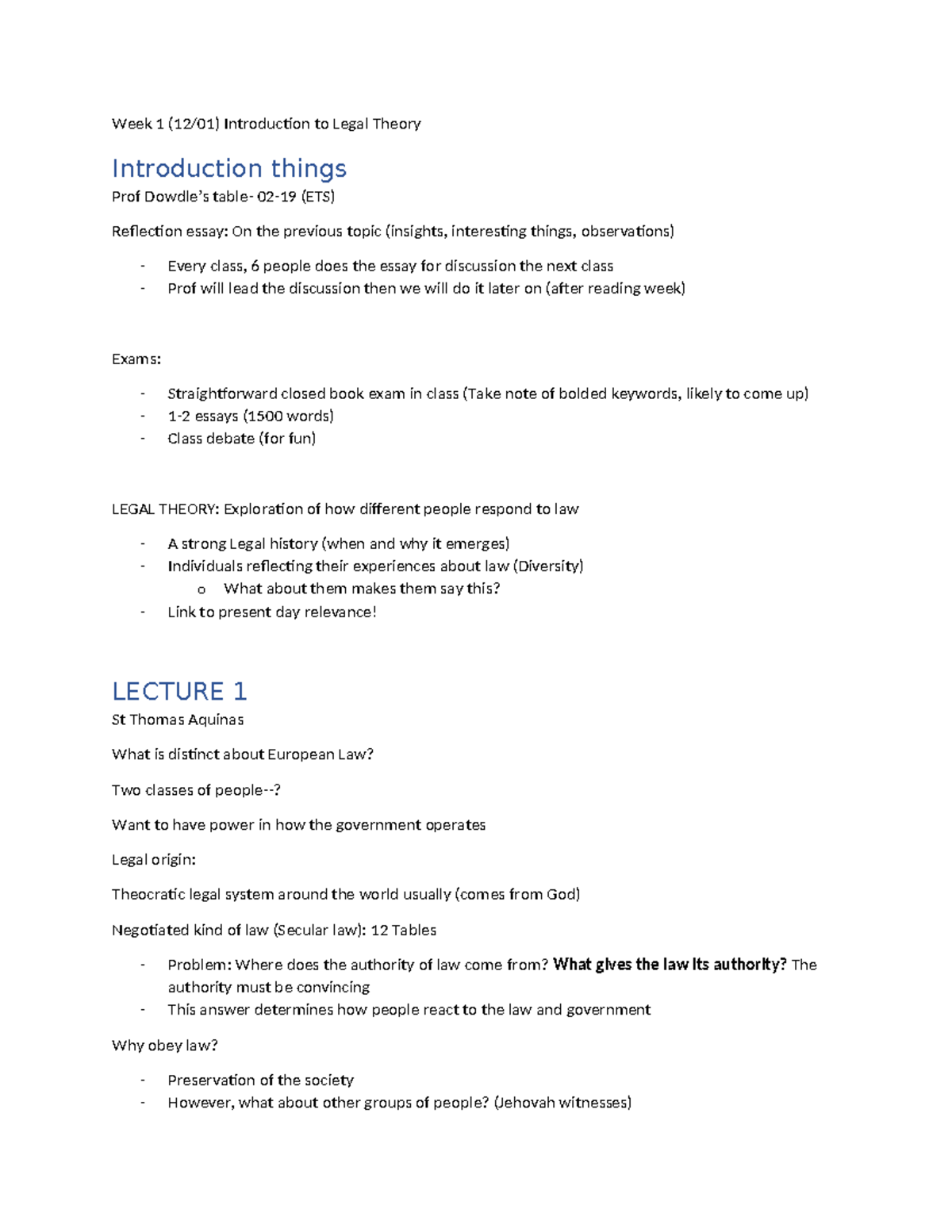 Week 1 Class Notes - Week 1 (12/01) Introduction to Legal Theory ...