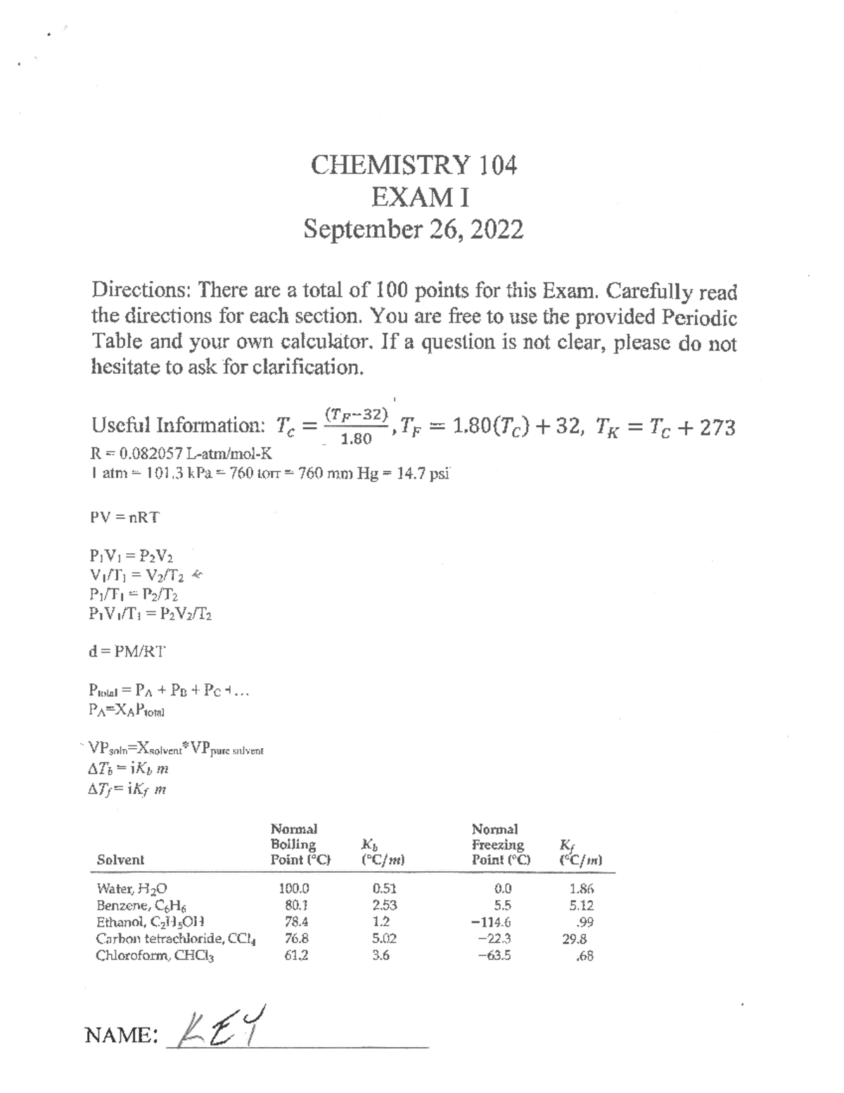 Practice Exam 1 Key - ................ - Chem 104 - Studocu