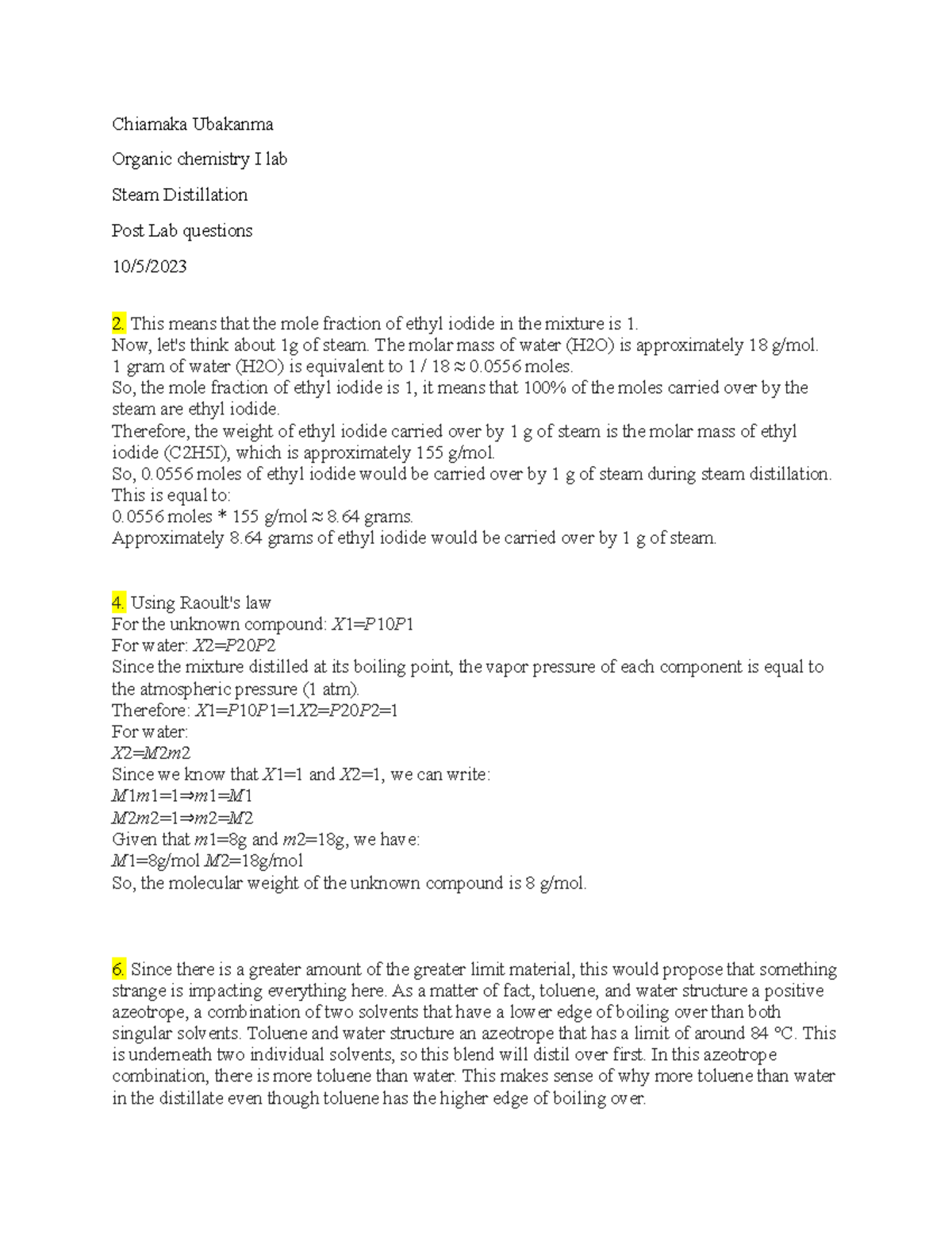 Organic Chemistry Lab Report 4 On Steam Distillation - Chiamaka ...