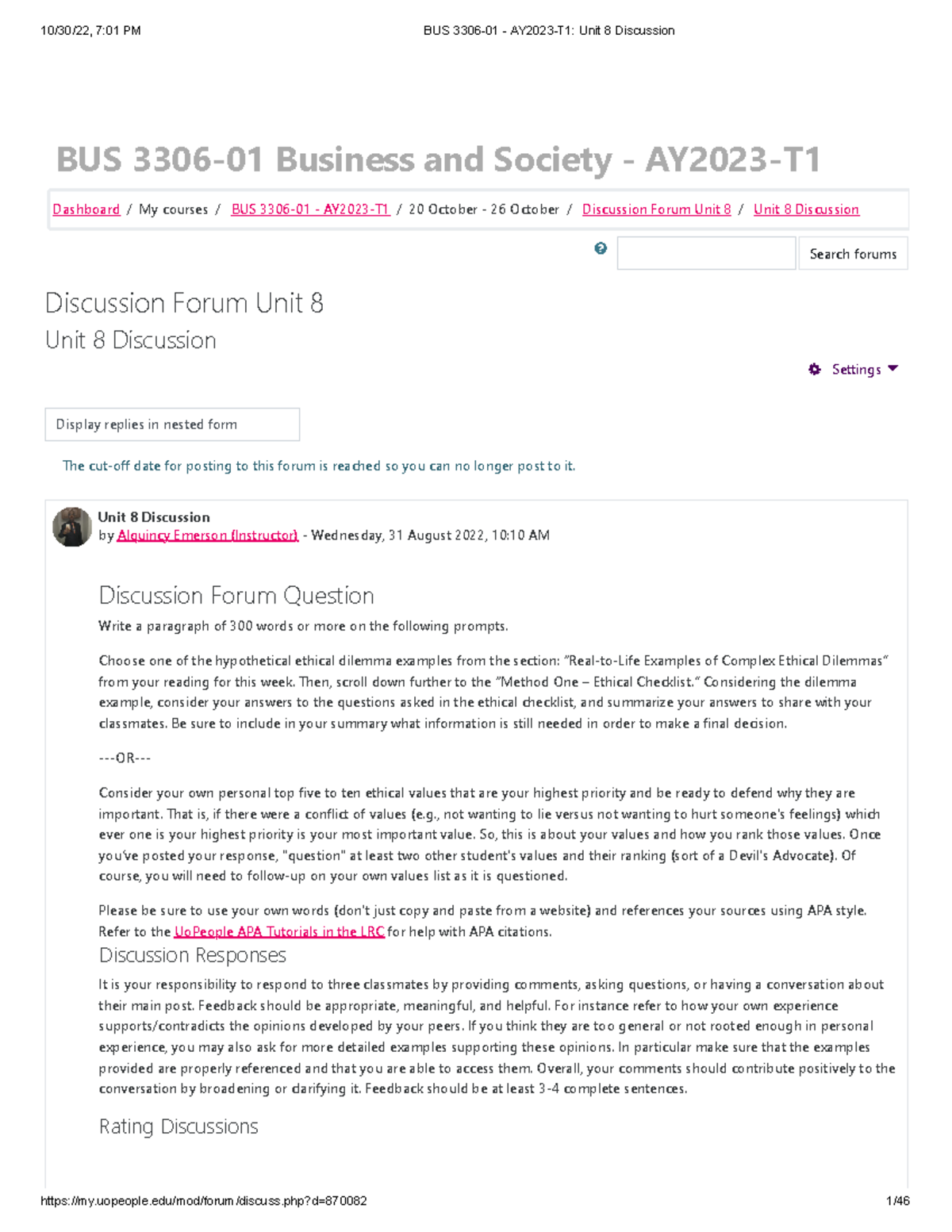 BUS 3306-01 - AY2023-T1 Unit 8 Discussion - BUS 3306-01 Business And ...