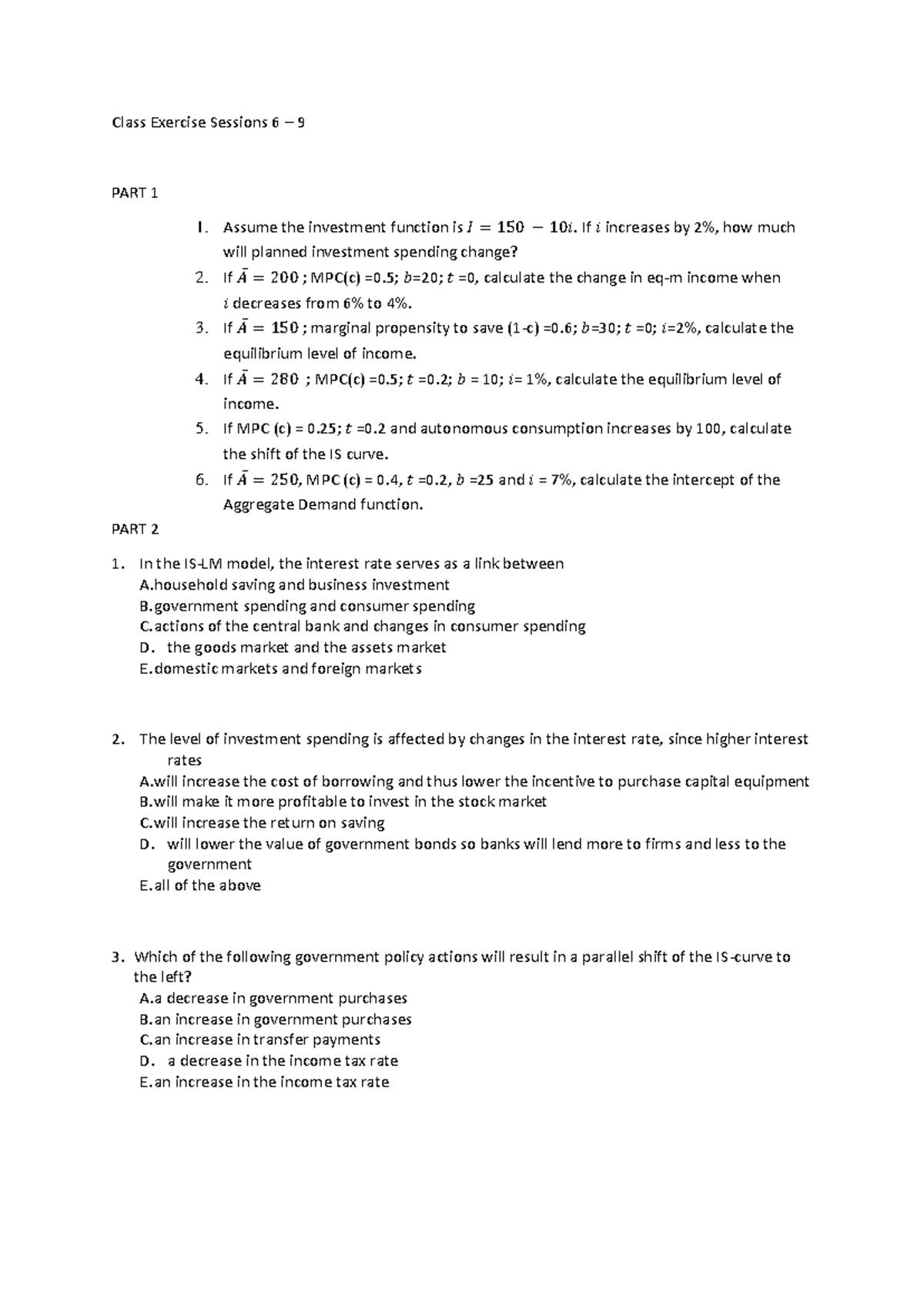 Class Exercise Sessions 6 - 9 Questions - Class Exercise Sessions 6 – 9 ...