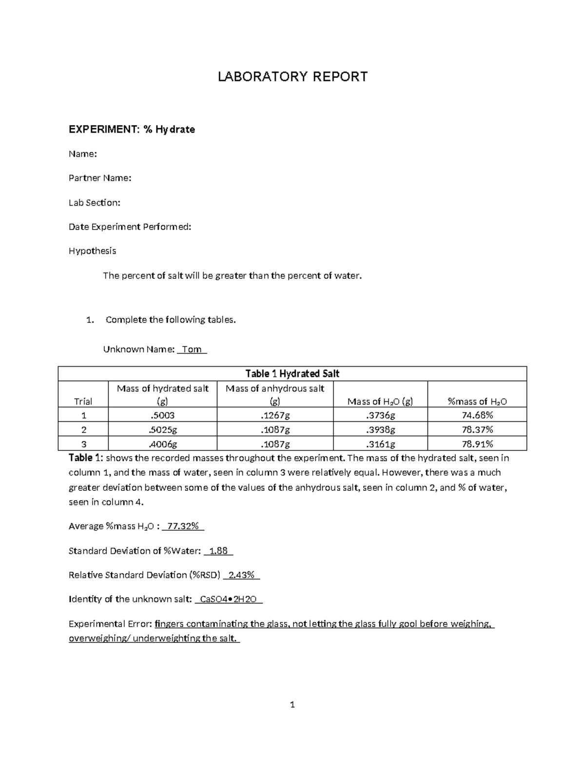 Exp 5 Percent Hydrate - LABORATORY REPORT EXPERIMENT: % Hydrate Name ...