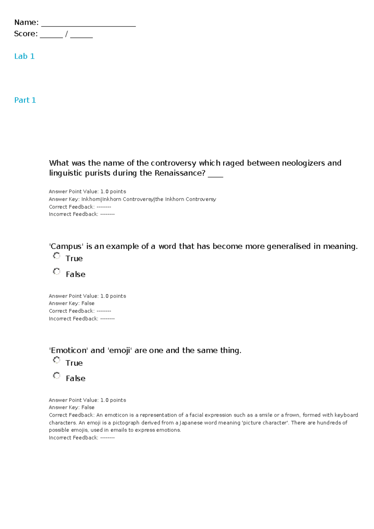 Lab Test 2 - MEMO - Summary Word Power - Name: Score: Lab 1 Part 1 What ...