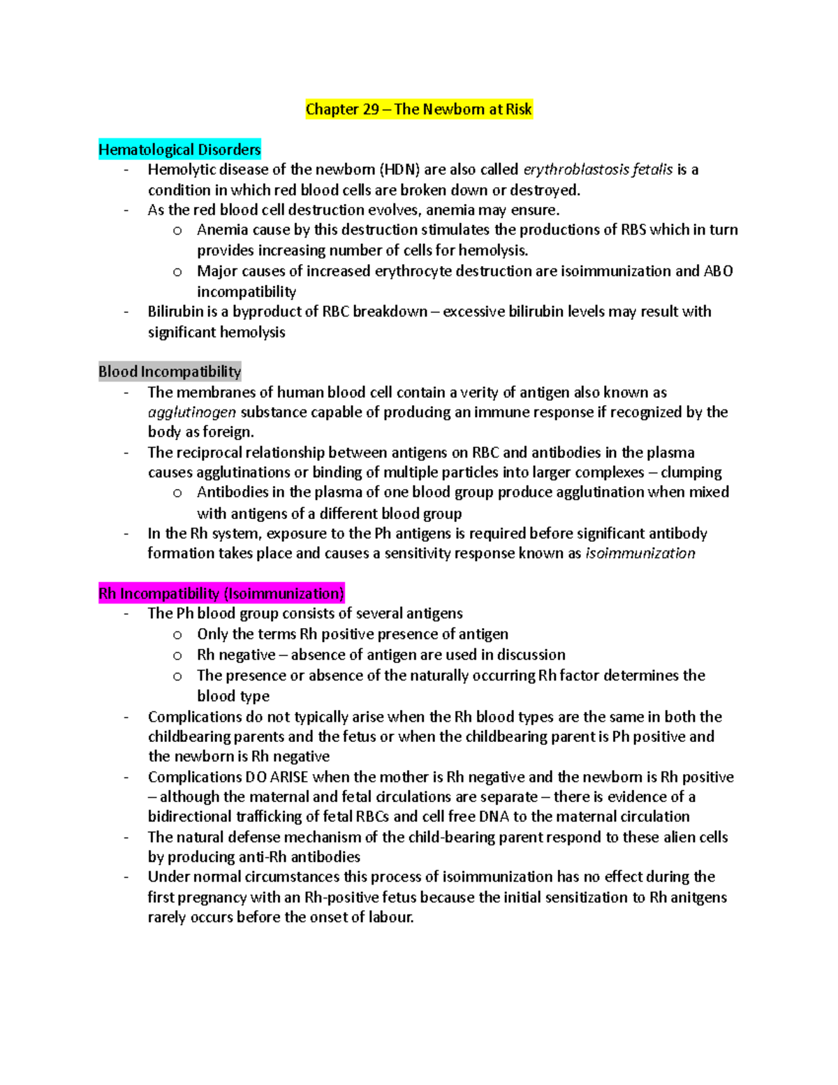 Chapter 29 PBL textbook summary Chapter 29 The Newborn at Risk Hematological Disorders