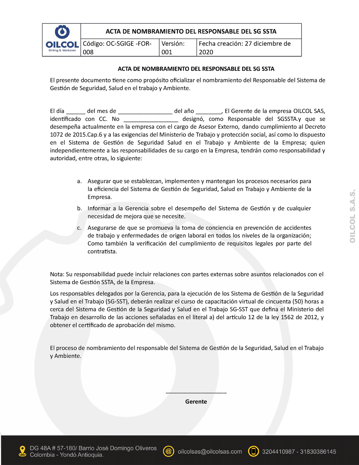 Acta De Nombramante De Responsable Sgsst Acta De Nomb