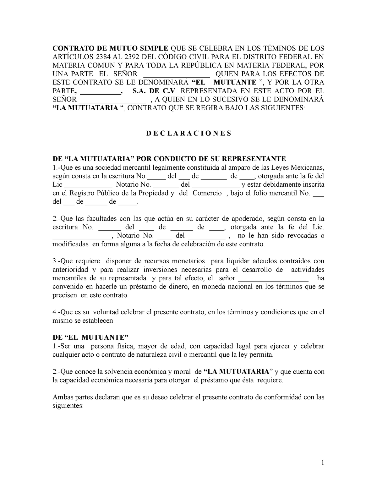 5.- Contrato DE Mutuo - CONTRATO DE MUTUO SIMPLE QUE SE CELEBRA EN LOS ...