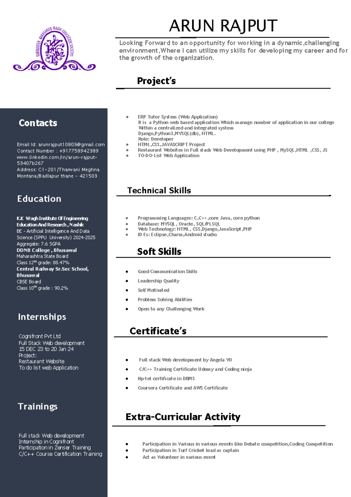 Arun-rajput resume - dfmnsdf - ARUN RAJPUT Looking Forward to an ...