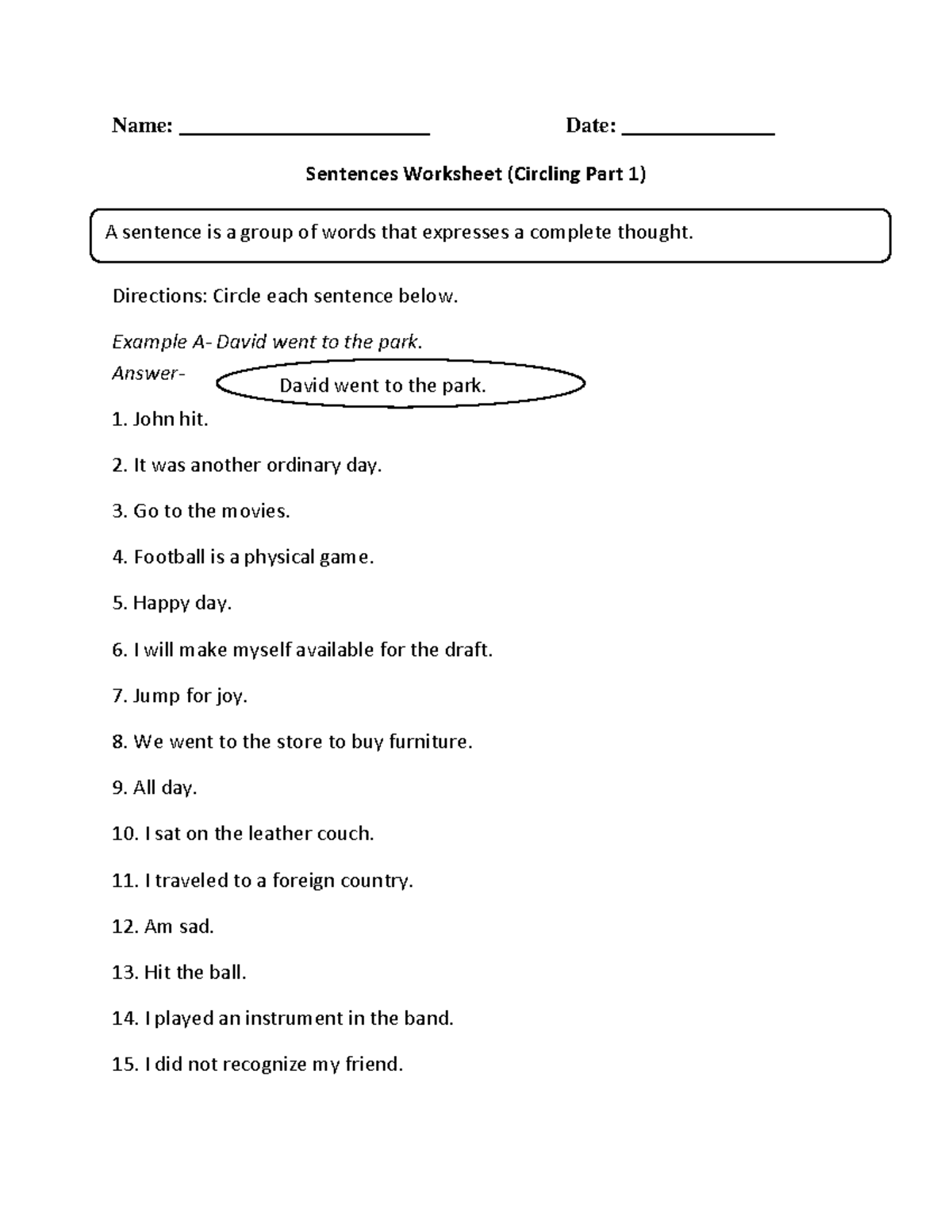 Sentence Worksheet for Grade 5 - Name: _______________________ Date ...