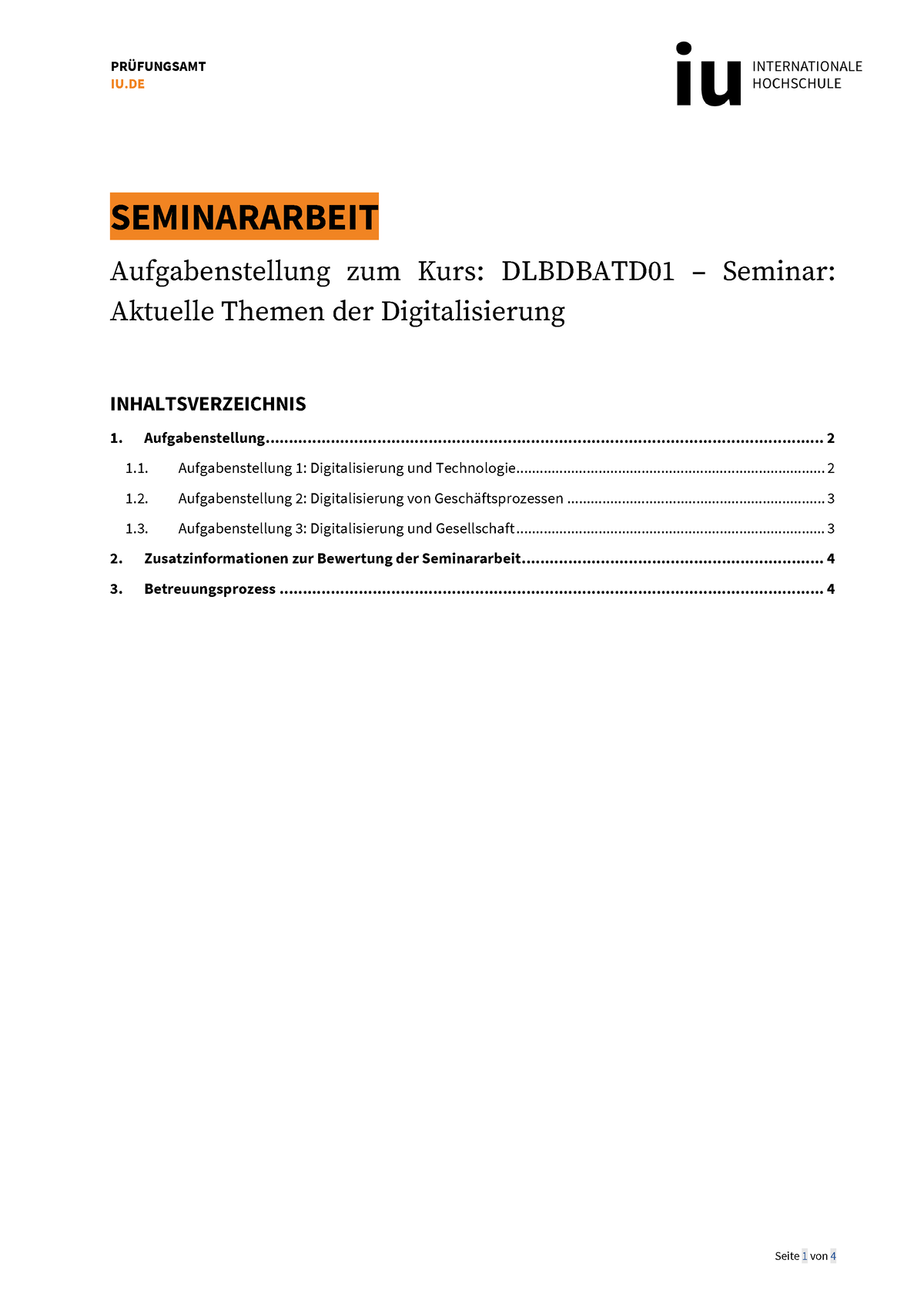 Aufgabenstellung Seminararbeit Dlbdbatd 01 - IU SEMINARARBEIT ...