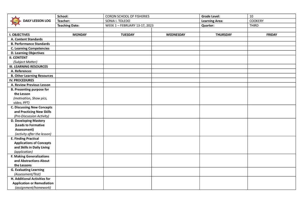 DLL - LATEST DLL TEMPLATE - DAILY LESSON LOG School: CORON SCHOOL OF ...