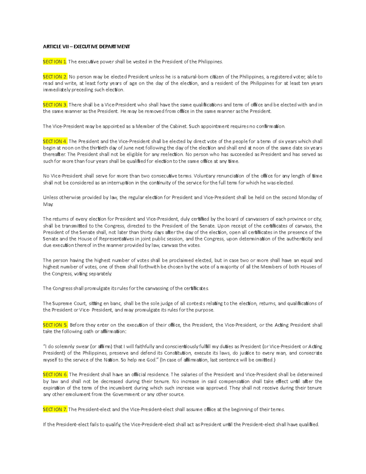 Article VII Executive Department ARTICLE VII EXECUTIVE DEPARTMENT