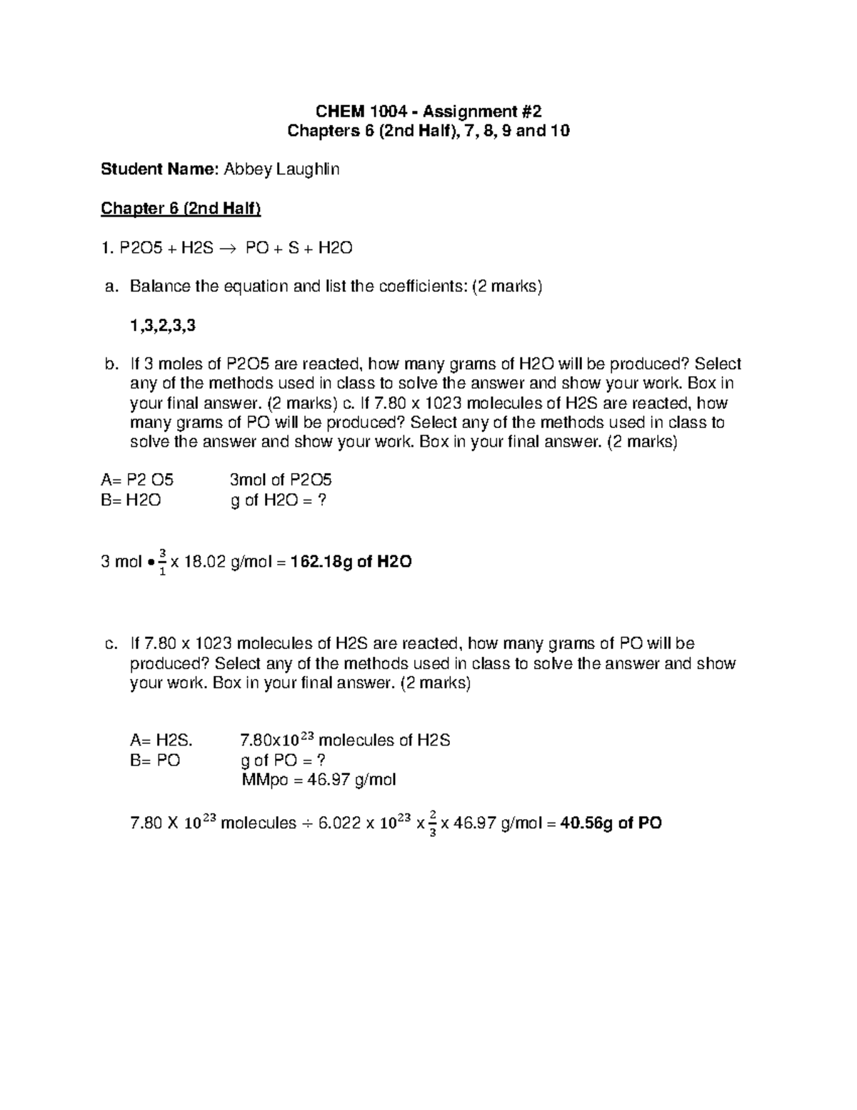 CHEM 1004 - B BBGGG - CHEM 1004 - Assignment # Chapters 6 (2nd Half), 7 ...