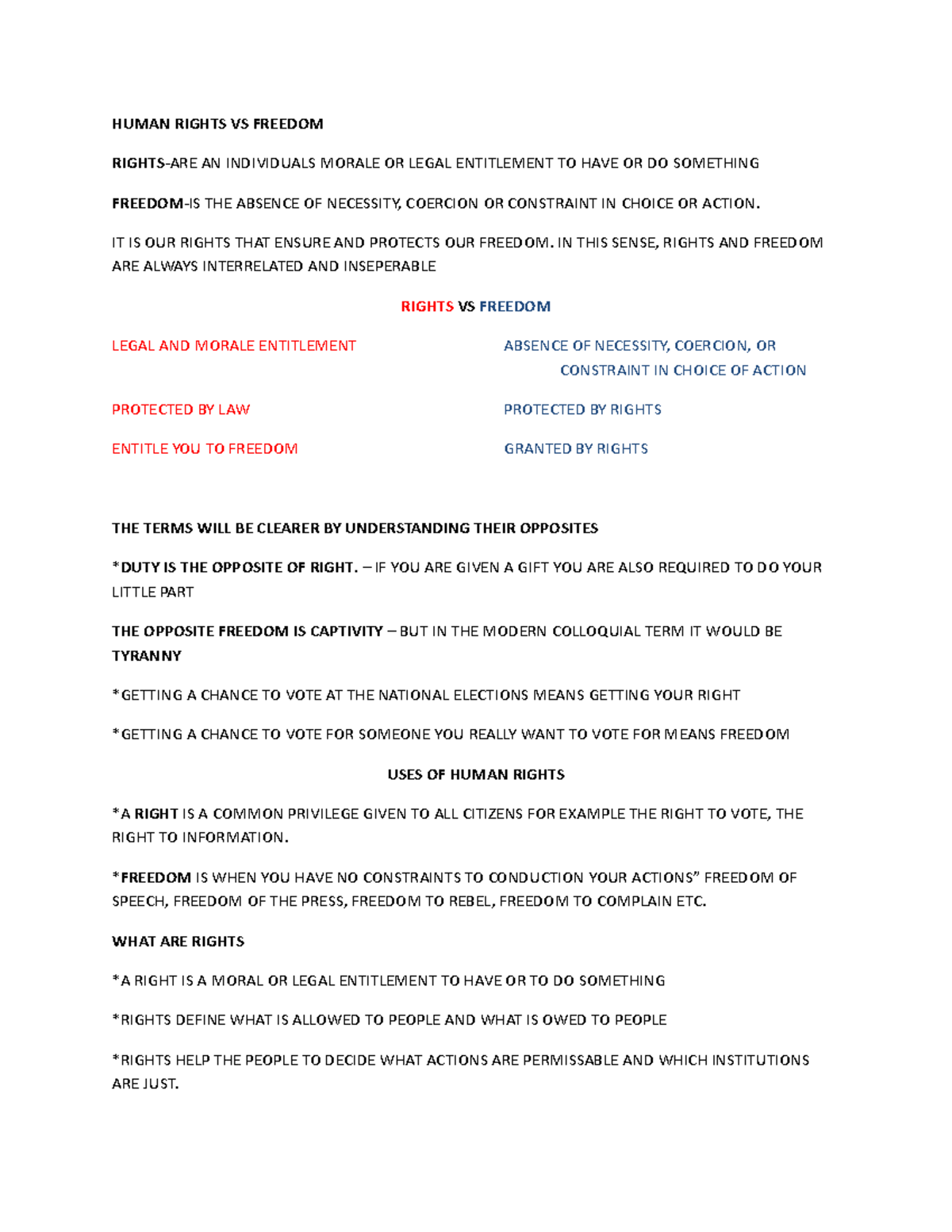 CLJ2 Rights VS Freedom clj notes HUMAN RIGHTS VS FREEDOM RIGHTS