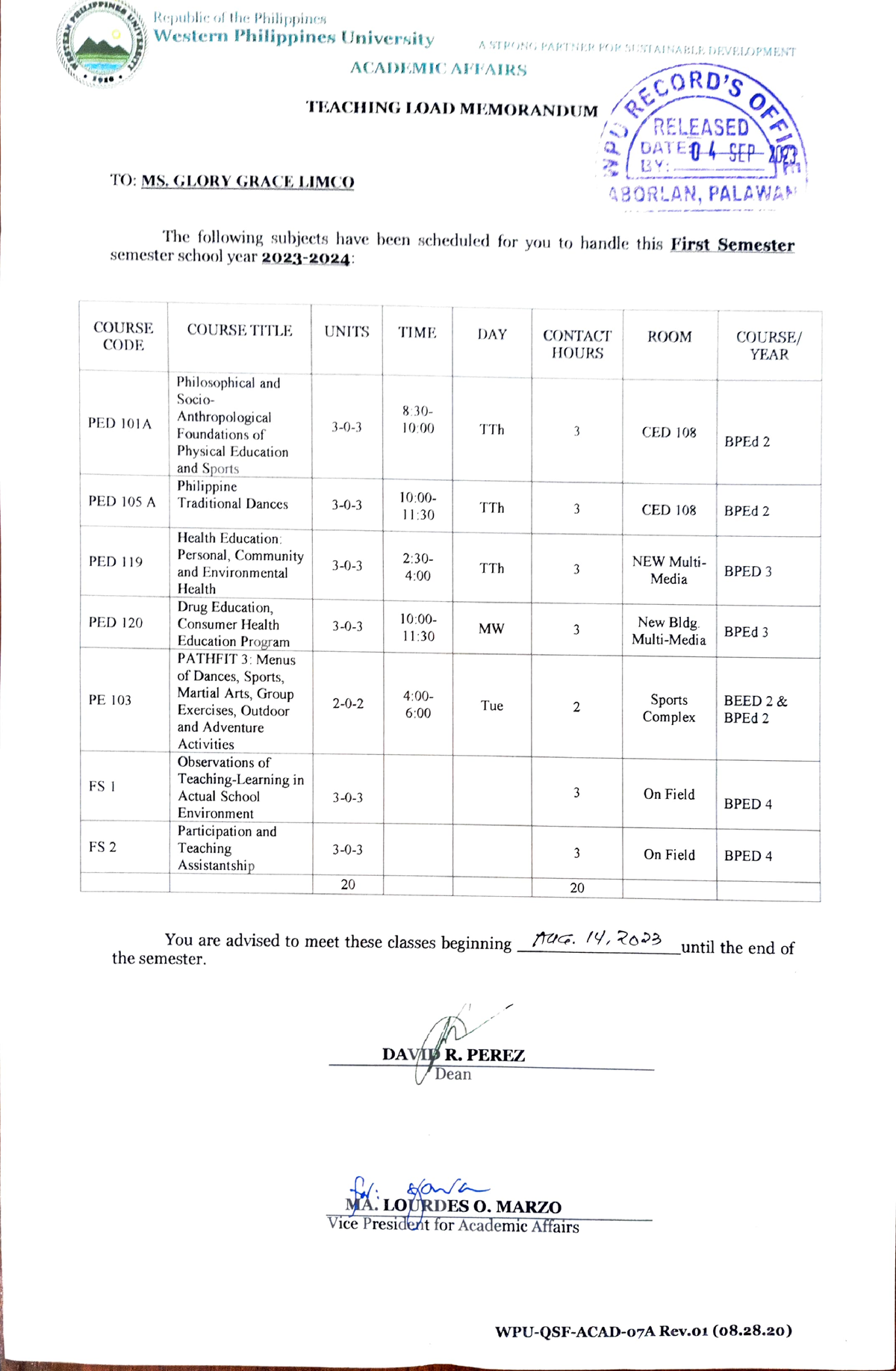 Teaching Load - COURSE CODE PED 101A TO: MS. GIORY GRACELIMCO PED 119 ...