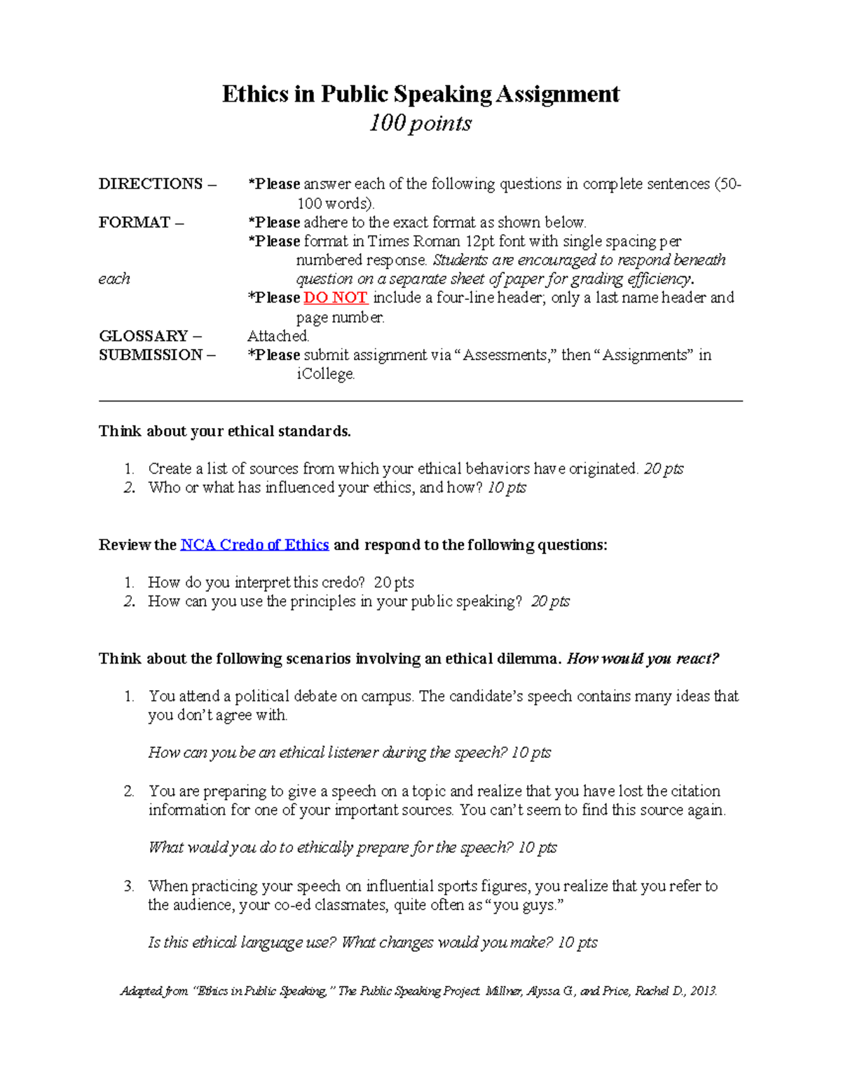 Ethics in Public Speaking Assignment - FORMAT – *Please adhere to the ...