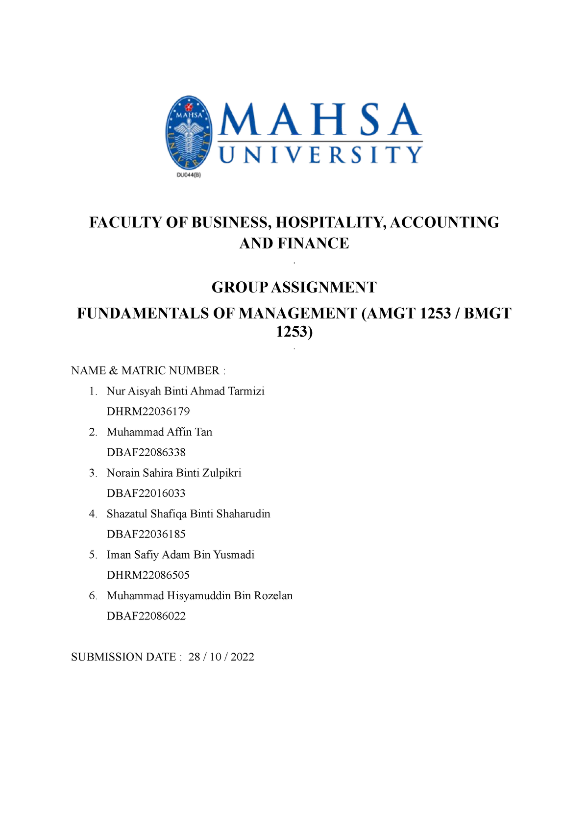 Assignment Fundamentals Of Management - FACULTY OF BUSINESS ...