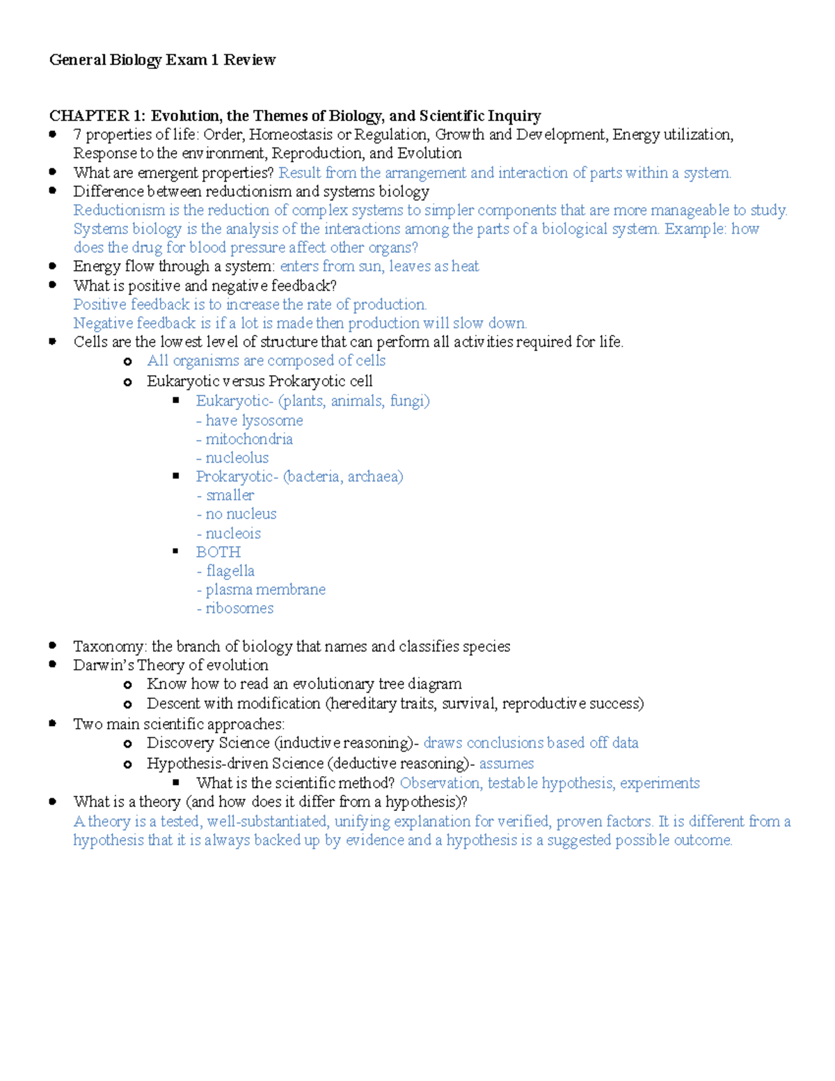 Exam 1 Review- Bio - General Biology Exam 1 Review CHAPTER 1: Evolution ...