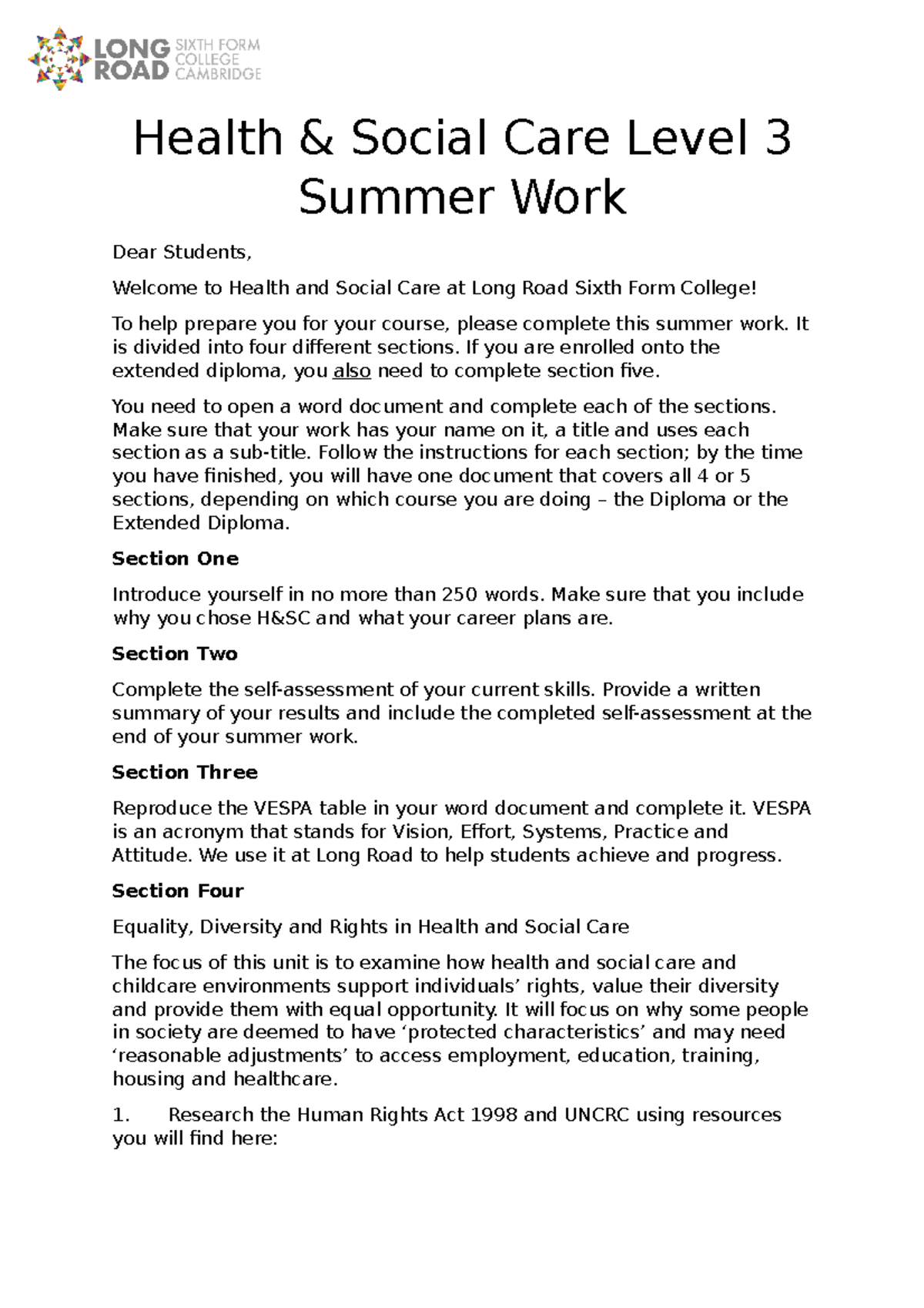 Health Social Care Level 3 Applied Summer Work 2021 Health & Social Care Level 3 Summer Work Health Social Care Level 3 Applied Summer Work 2021 Health & Social Care Level 3 Summer Work