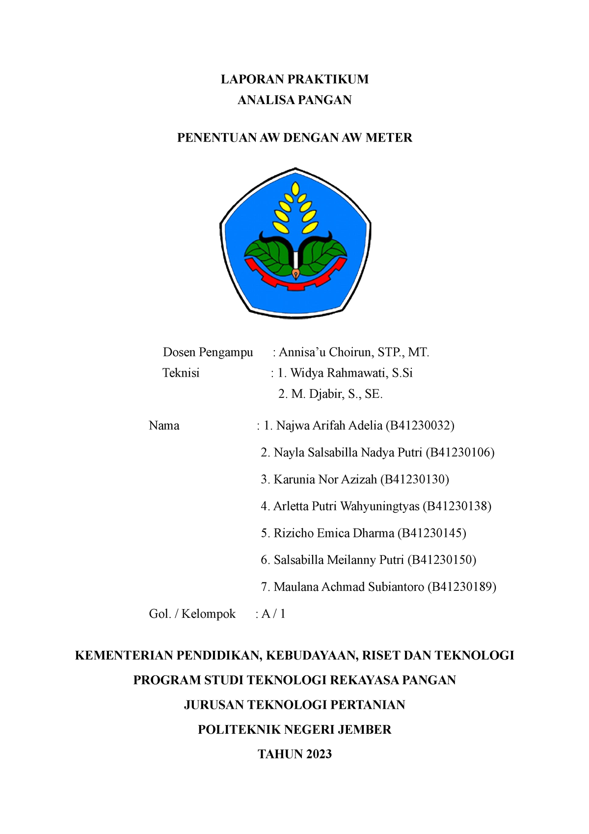 Laporan Praktikum Kadar Air Laporan Praktikum Analisa Pangan Penentuan Aw Dengan Aw Meter 8855