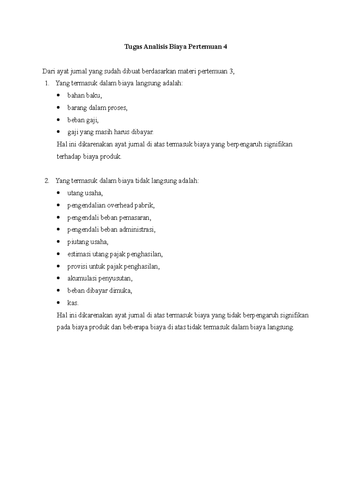 Tugas Biaya Langsung dan Tidak Langsung - Tugas Analisis Biaya