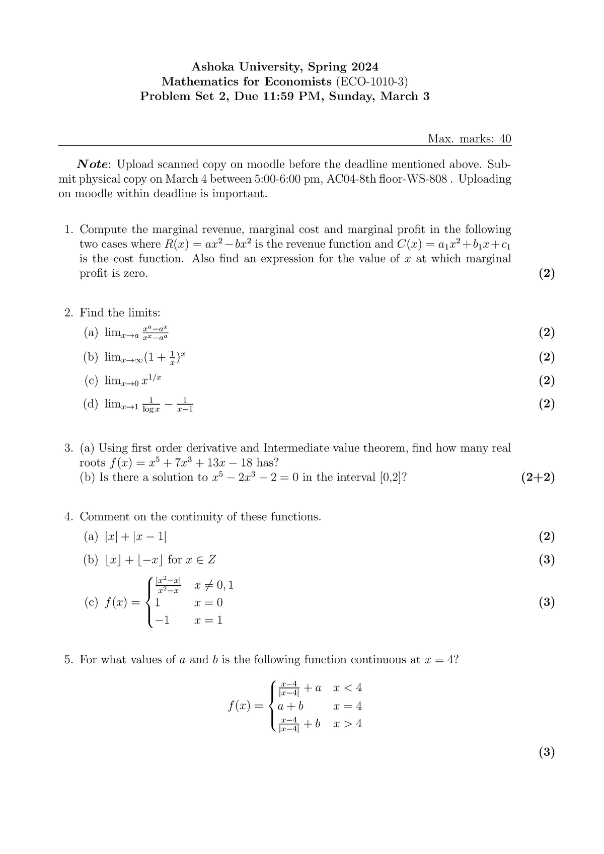 Problem Set 2 - Ashoka University, Spring 2024 Mathematics for ...