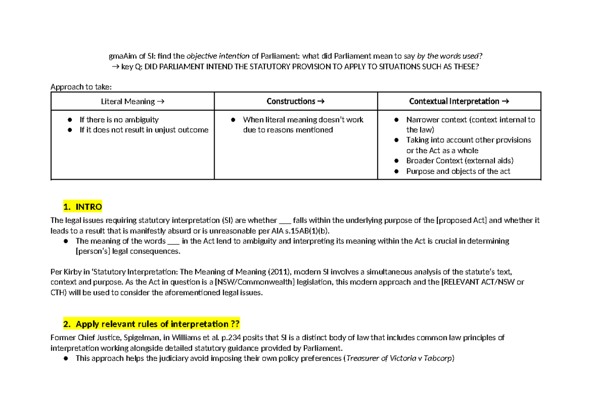 LAWS1141 Statutory Interpretation Scaffold - gmaAim of SI: find the ...