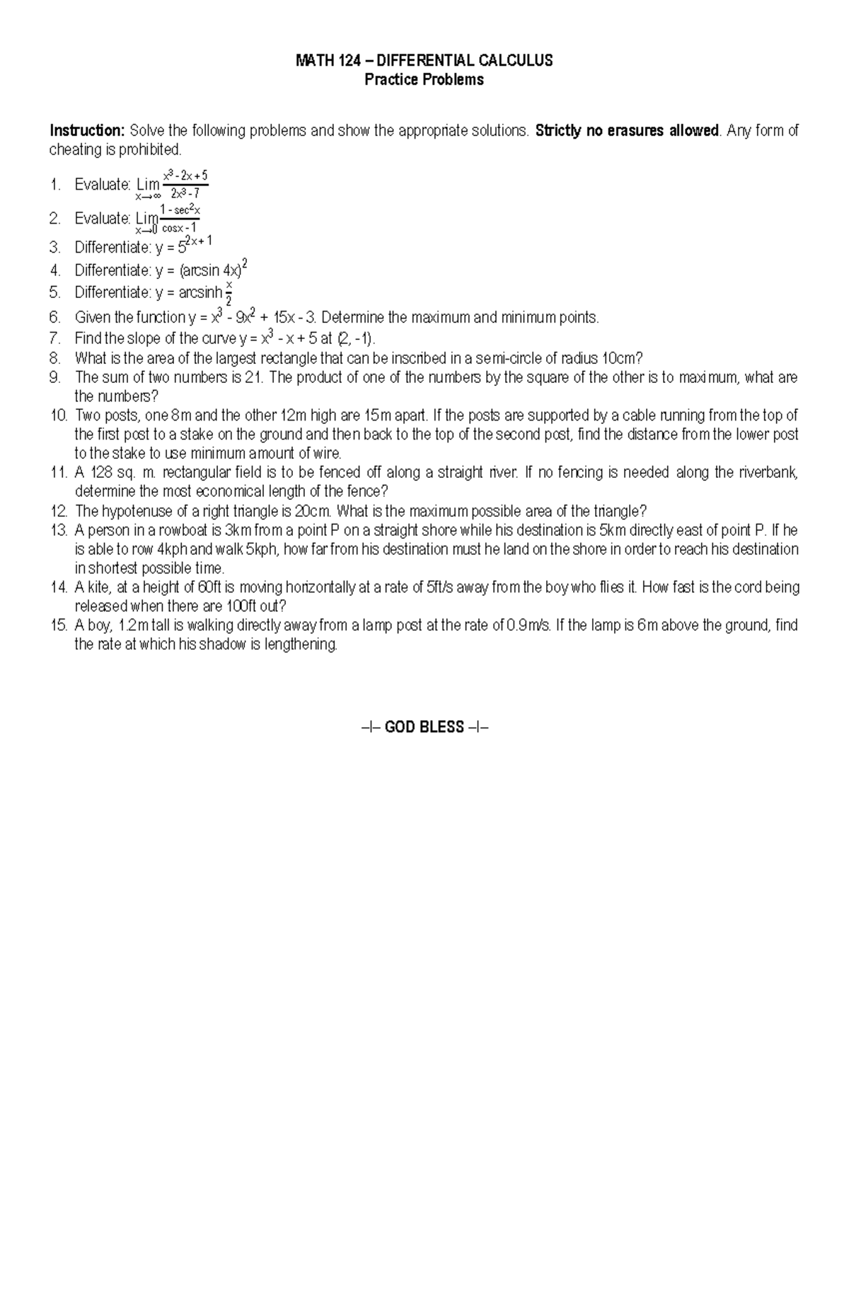 Practice Problem (Differential Calculus) - MATH 124 – DIFFERENTIAL ...