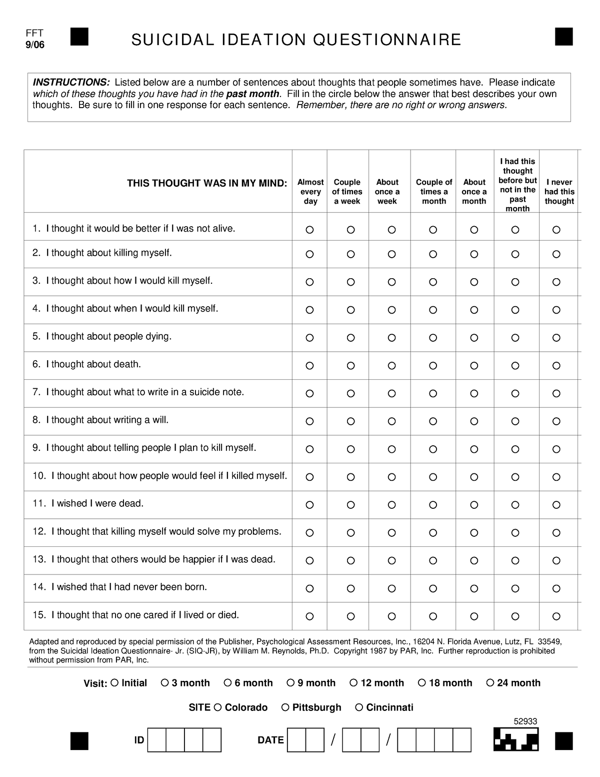 Suicidal Ideation Questionnaire(SIQ)(Child) - INSTRUCTIONS: which of ...