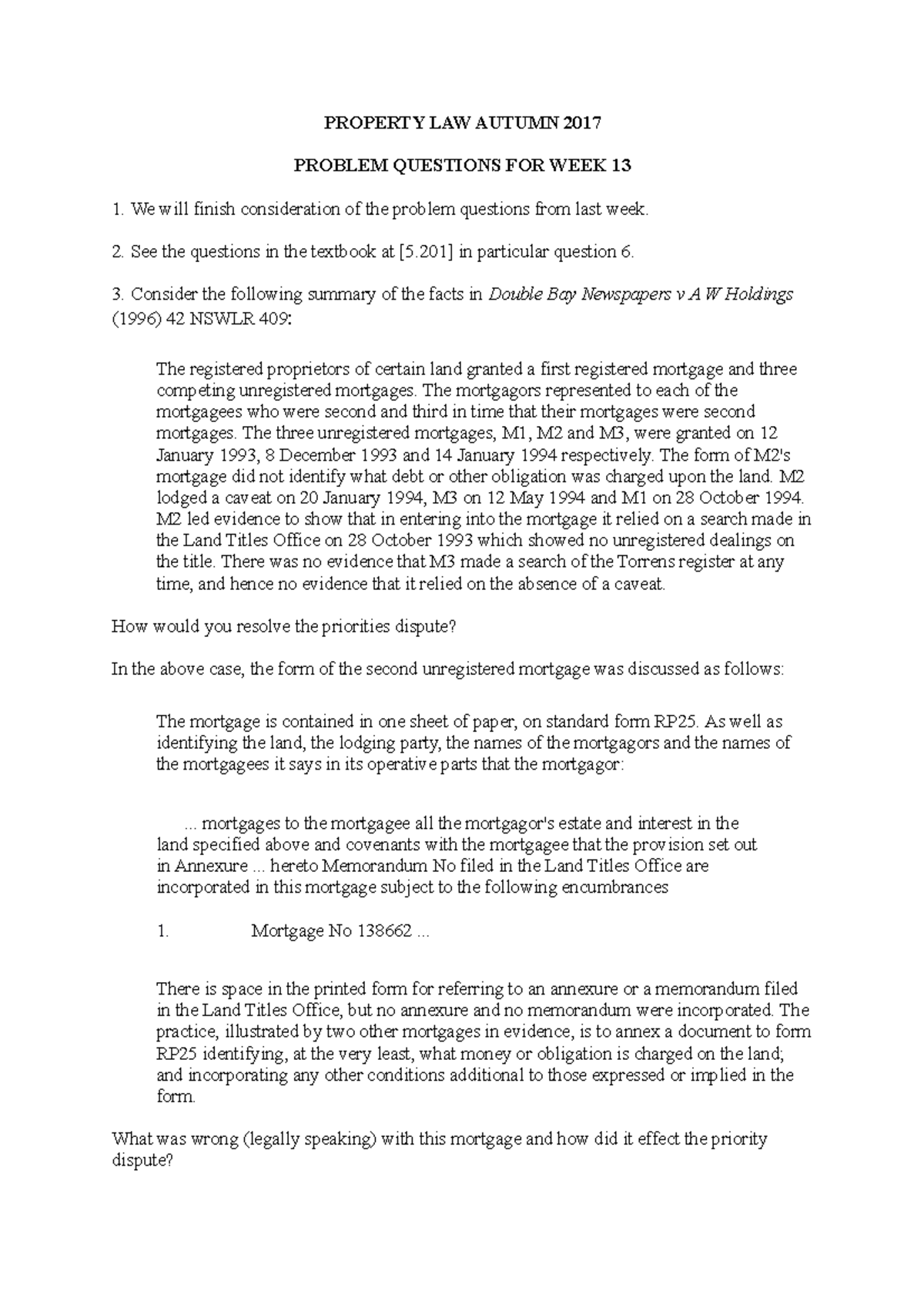 Problem Questions for Week 13 - PROPERTY LAW AUTUMN 2017 PROBLEM ...