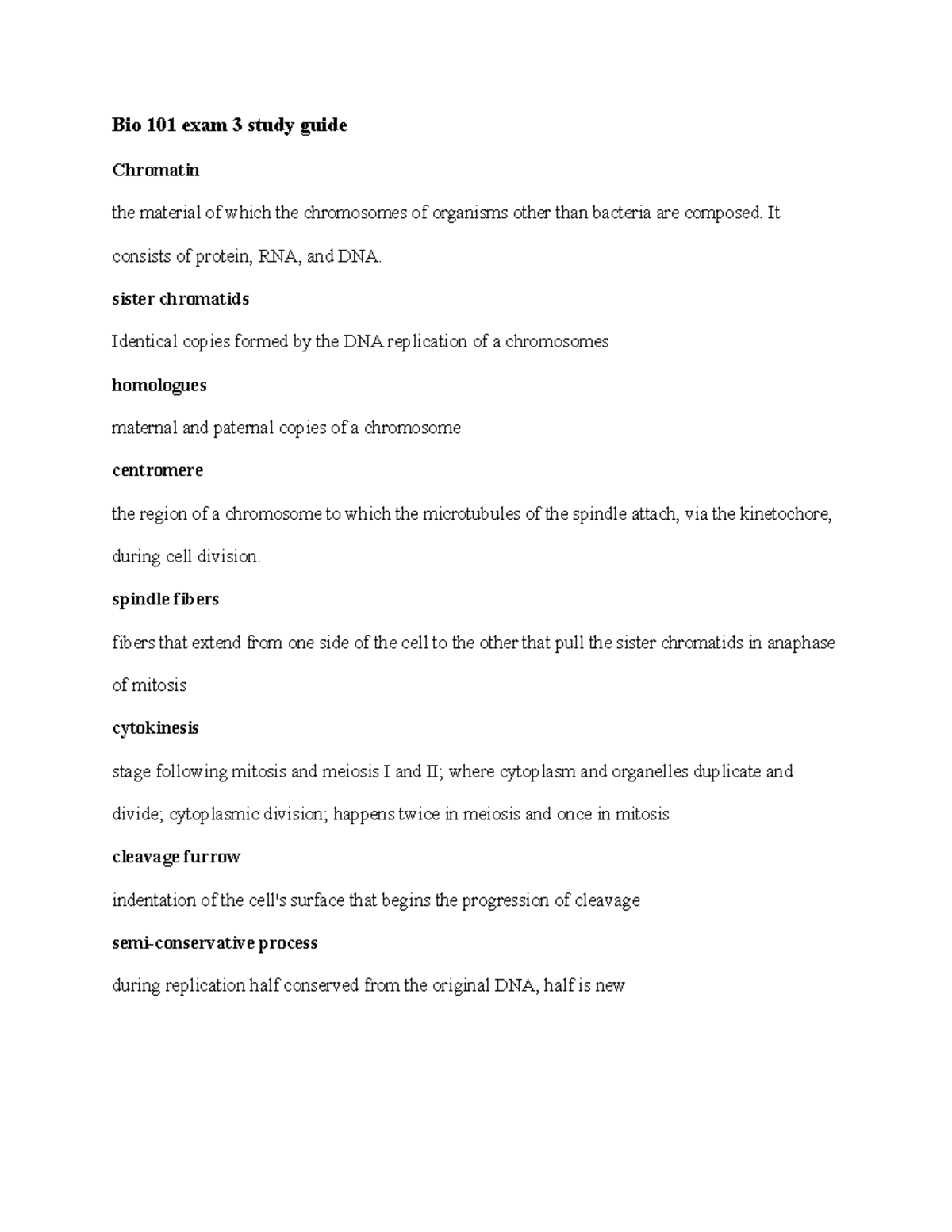 Biology 101 Exam 3 Study Guide - Bio 101 Exam 3 Study Guide Chromatin ...