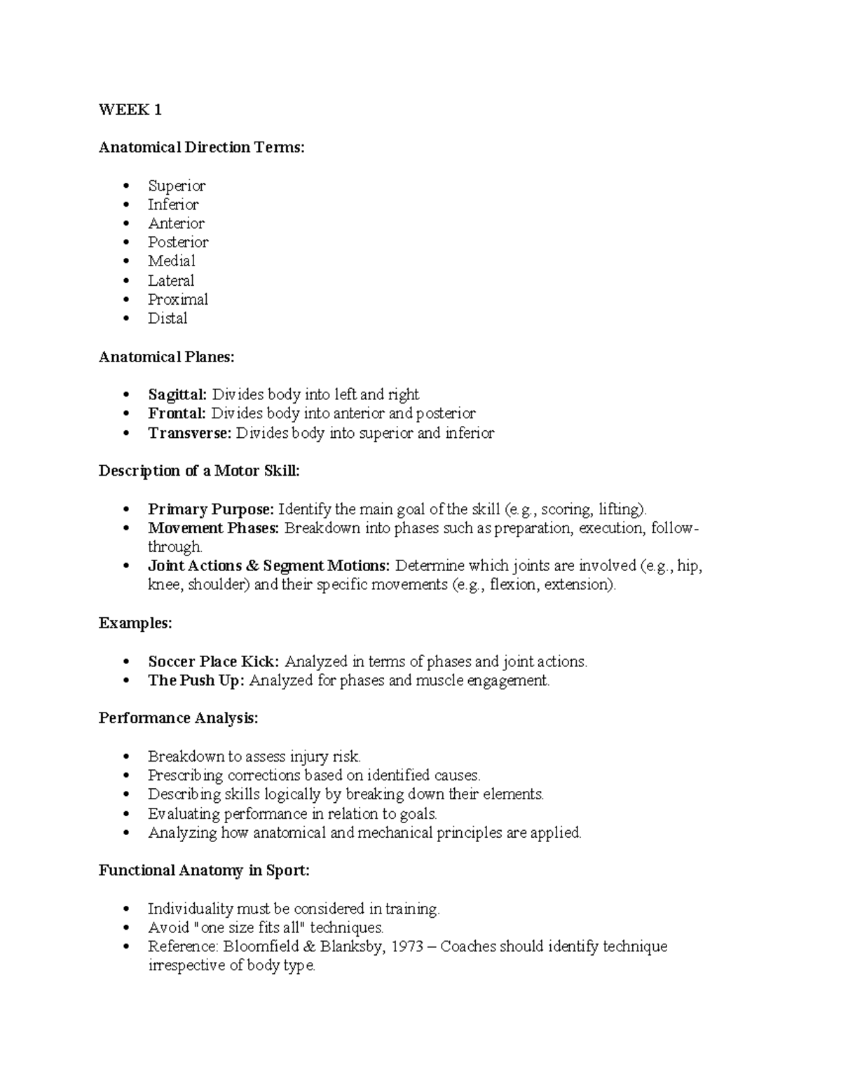 Anatomy EXAM - exam notes - WEEK 1 Anatomical Direction Terms: Superior ...