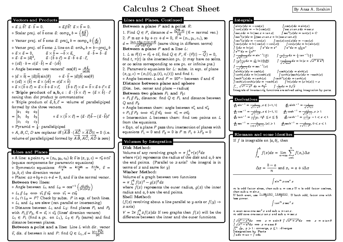 Calculus II Formula Sheet 1 - Calculus 2 Cheat Sheet By Anas A. Ibrahim ...