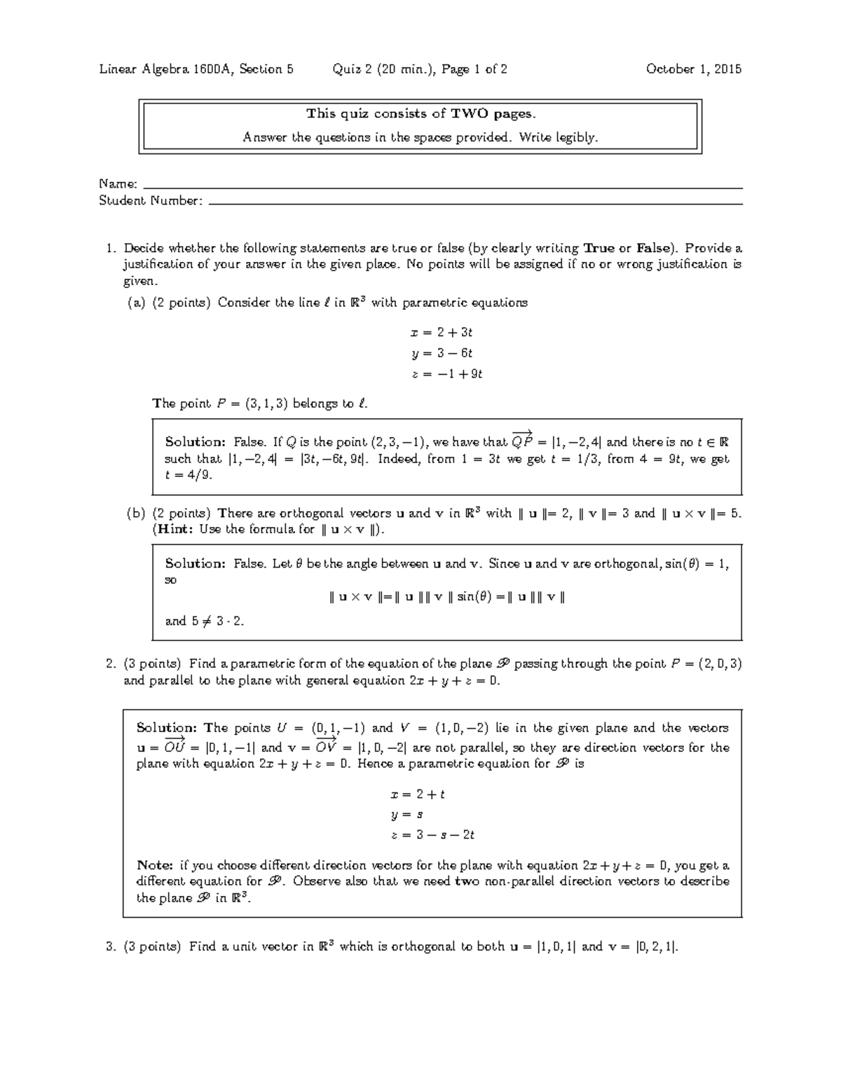 Quiz2 005 solutionsl Linear Algebra 1600A, Section 5 Quiz 2 (20 min