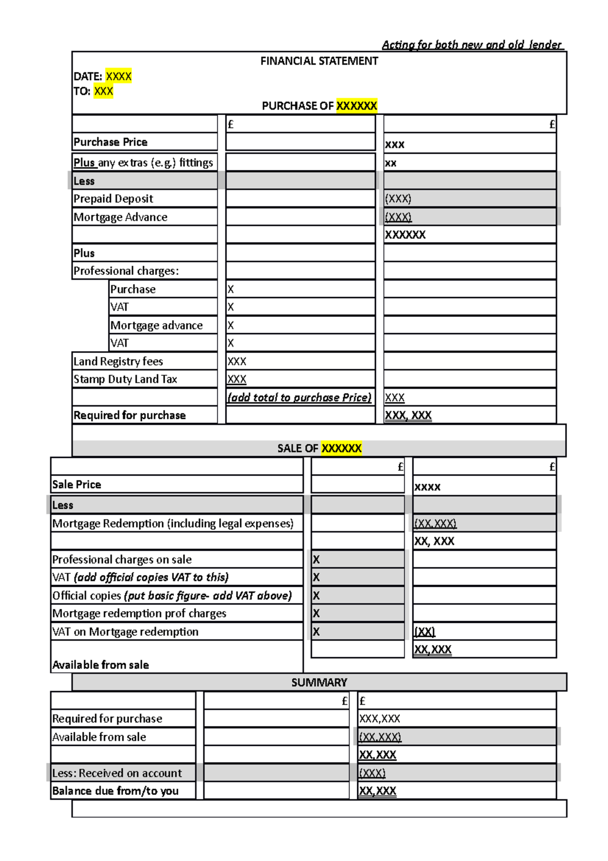 Financial Statement Template- acting for both lenders - Acting for both ...