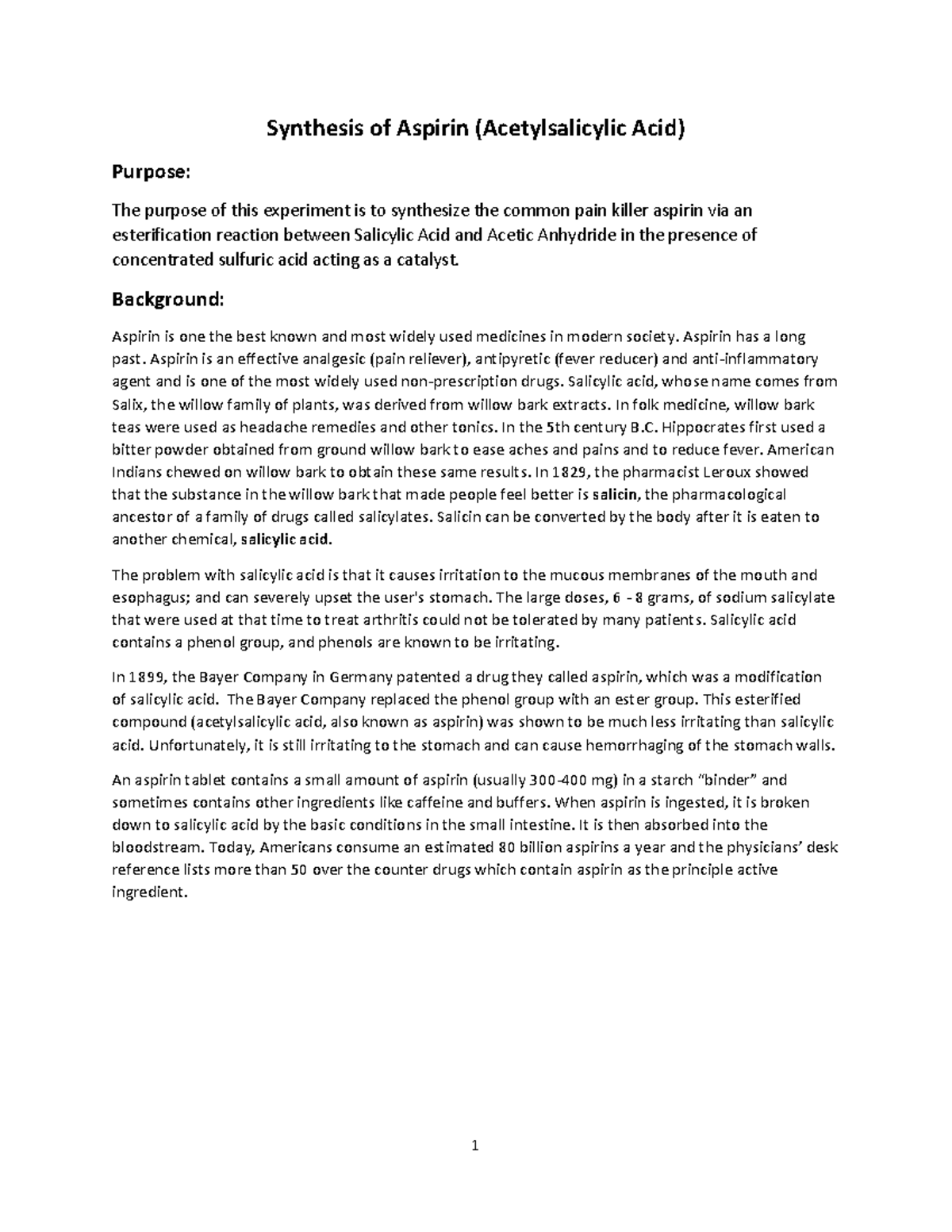 Synthesis of Aspirin Experiment - Synthesis of Aspirin (Acetylsalicylic ...