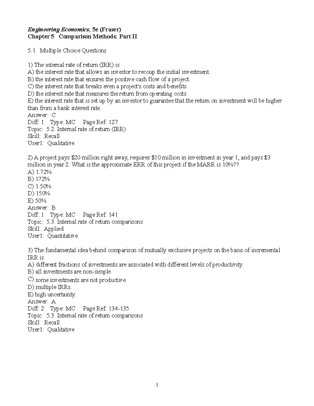 Ch5 Comparison Methods Part II Quiz 4 - Engineering Economics , 5e ...