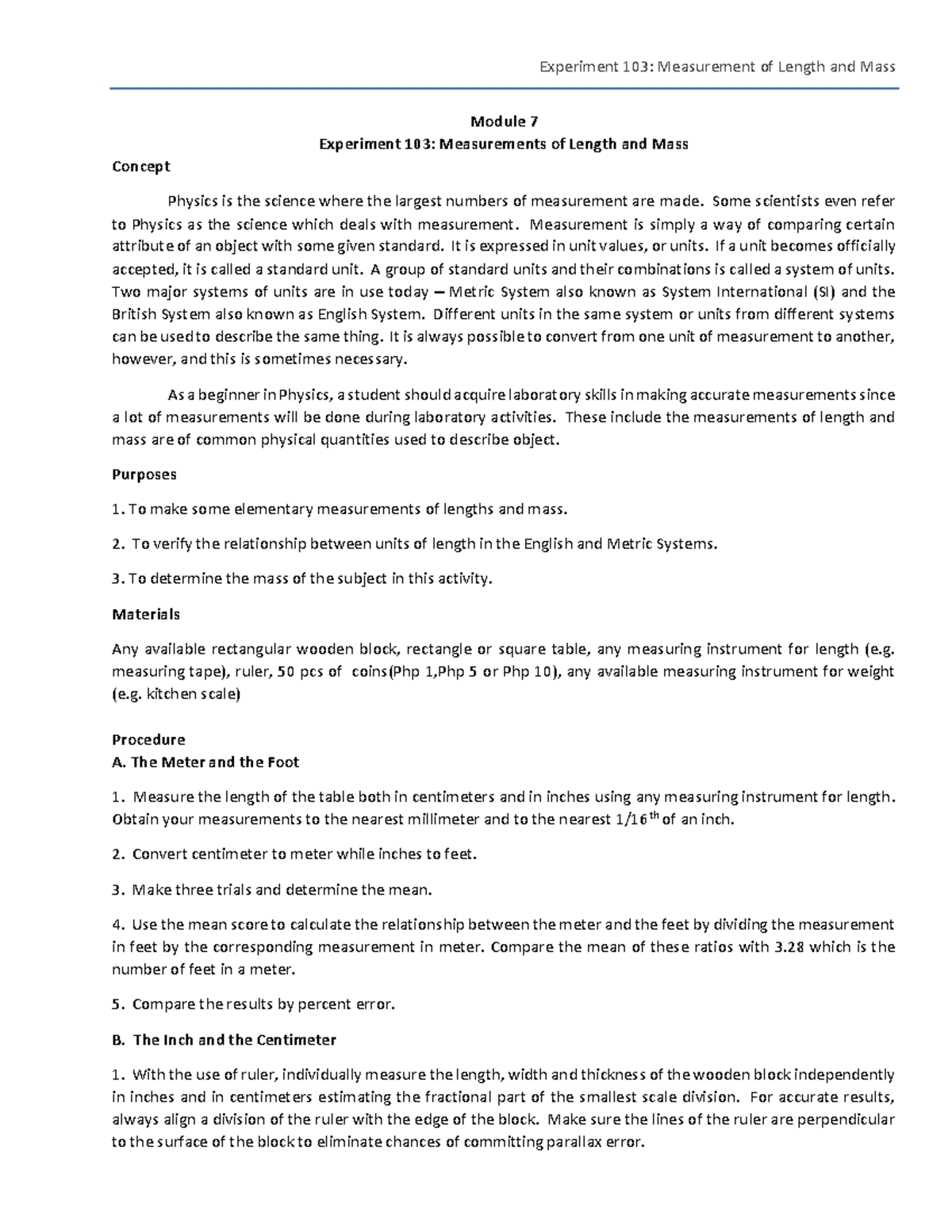 Biophysics Topic Laboratory: Measurements of Length and Mass ...