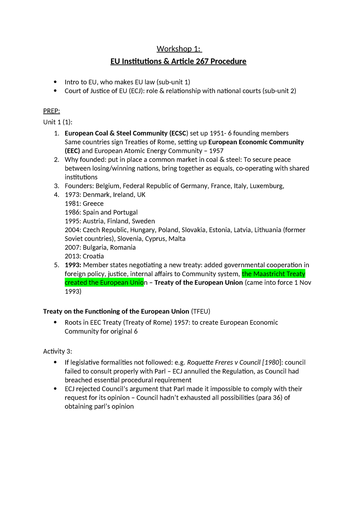 EU Workshop 1 - MA Law - Workshop 1: EU Institutions & Article 267 ...